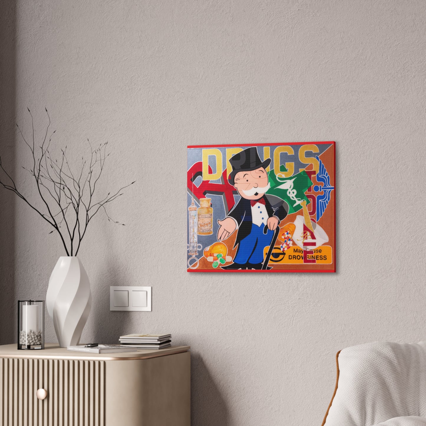 A canvas gallery wrap featuring a Monopoly man surrounded by drug paraphernalia.