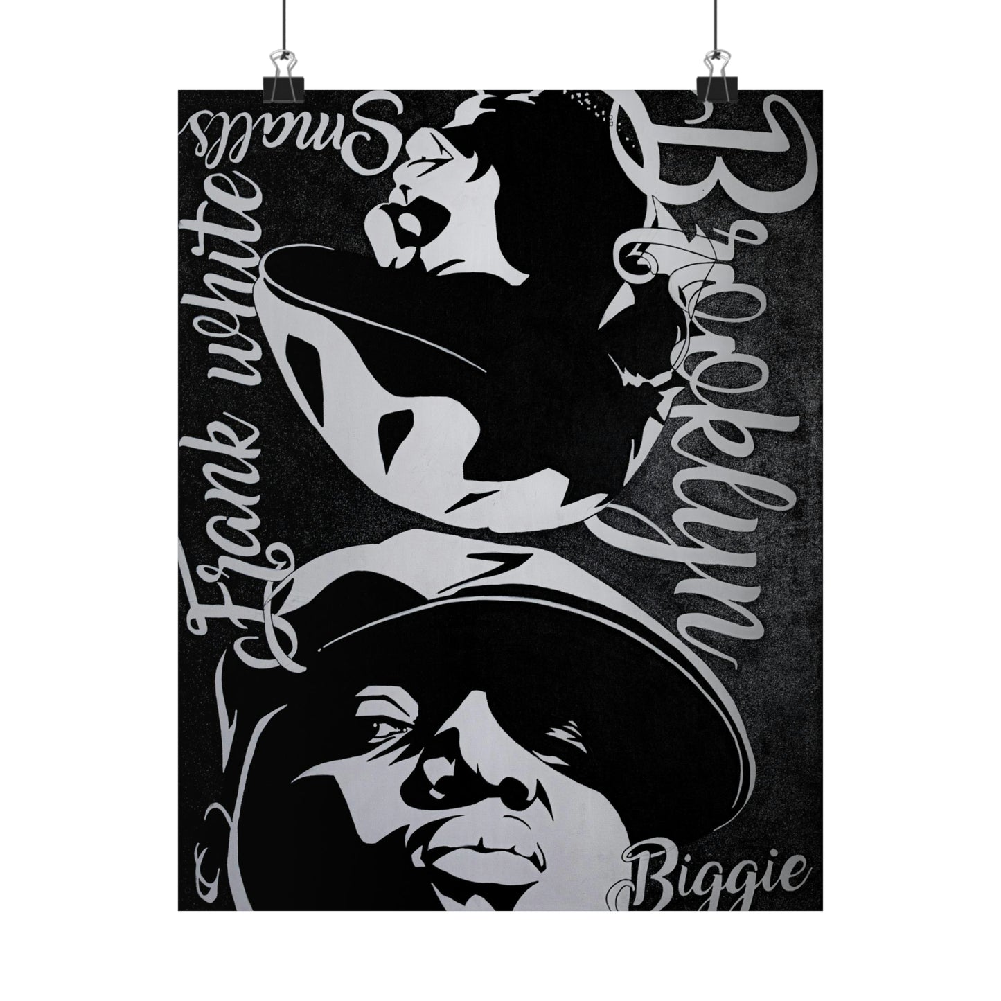 A black and white poster featuring portraits of Frank White and Biggie Smalls.