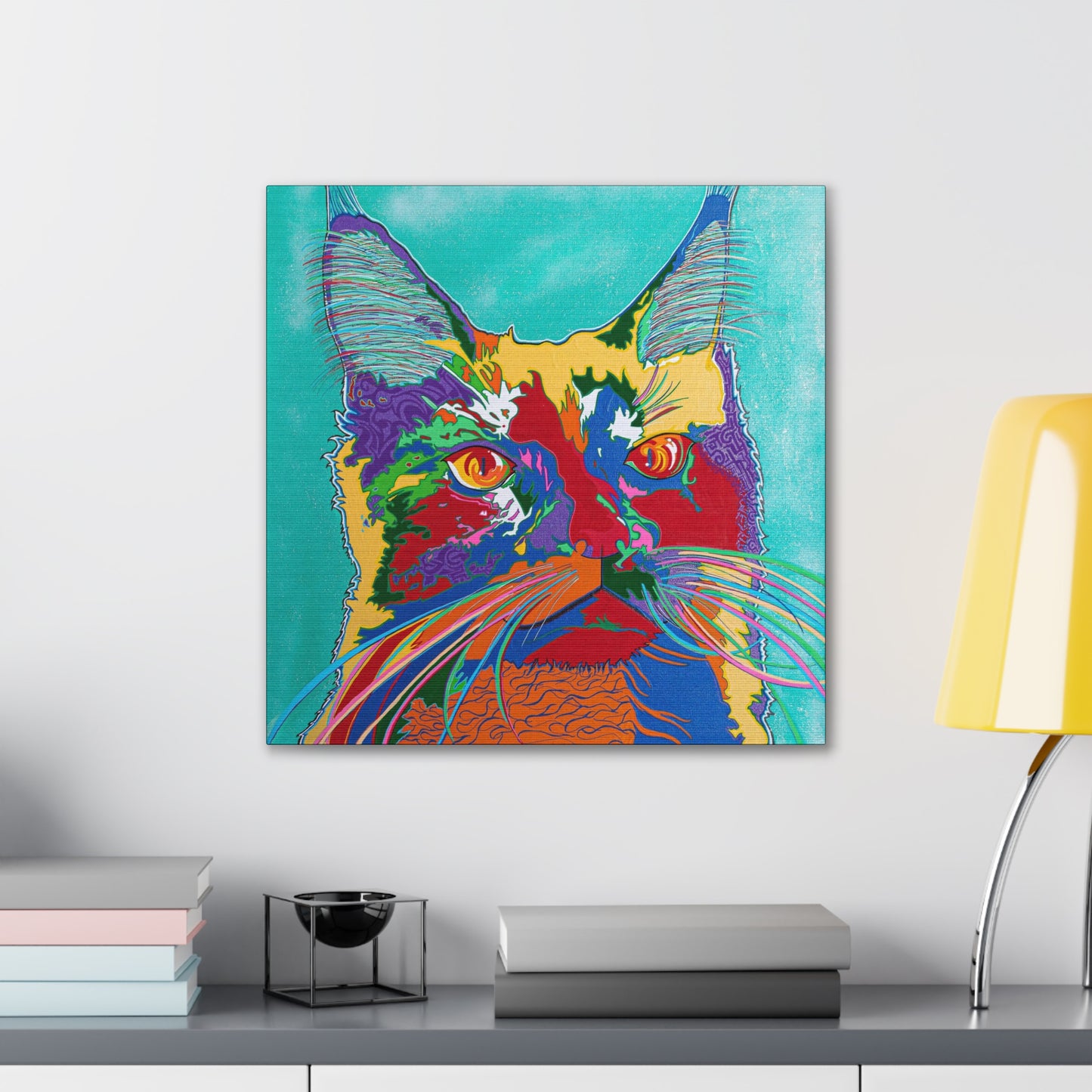 A vibrant pop art style cat portrait on a canvas gallery wrap.
