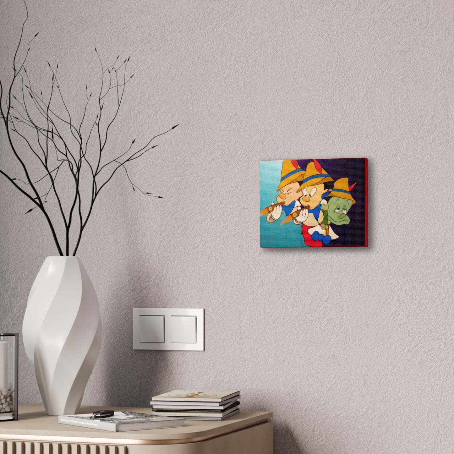 Pinocchio canvas gallery wrap featuring three characters, one green, on a light wall.