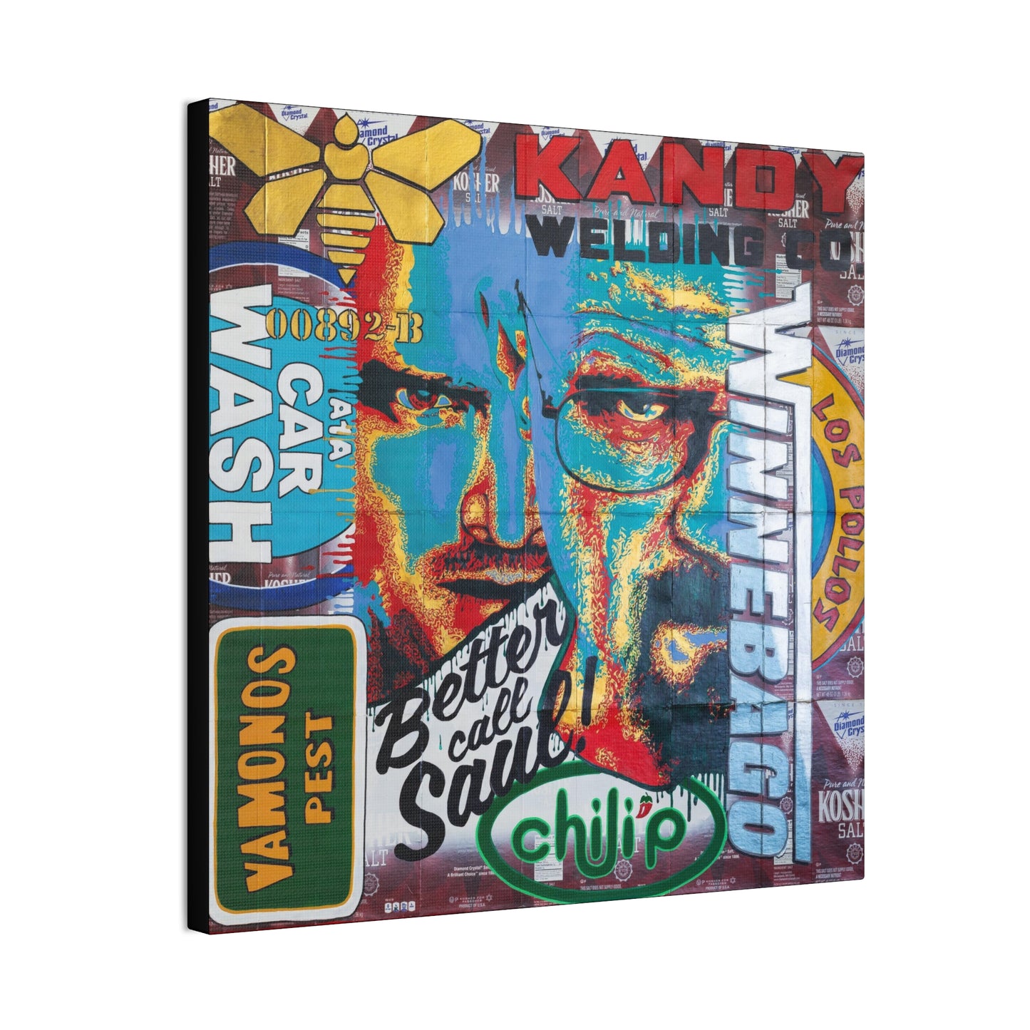 A colorful canvas print features two stylized portraits of Walter White from Breaking Bad.