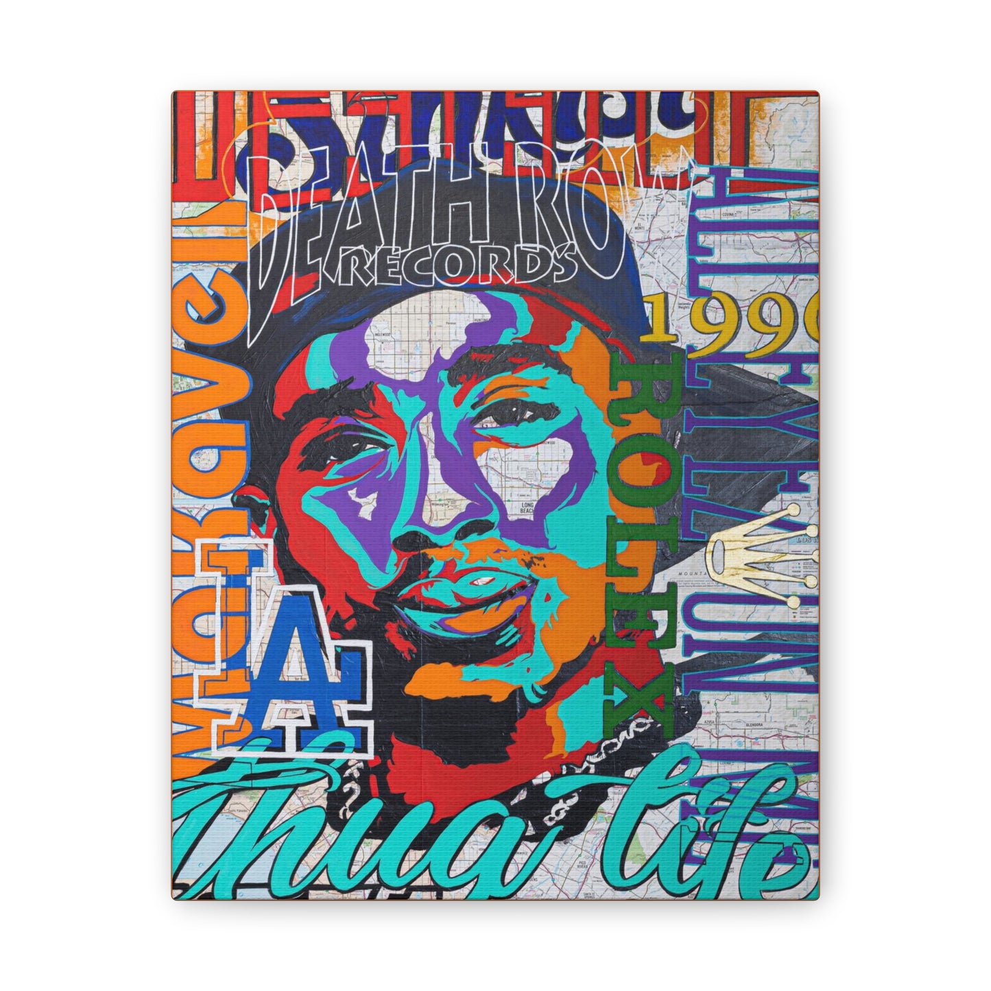 A colorful canvas gallery wrap features a stylized portrait of Tupac Shakur over a map.