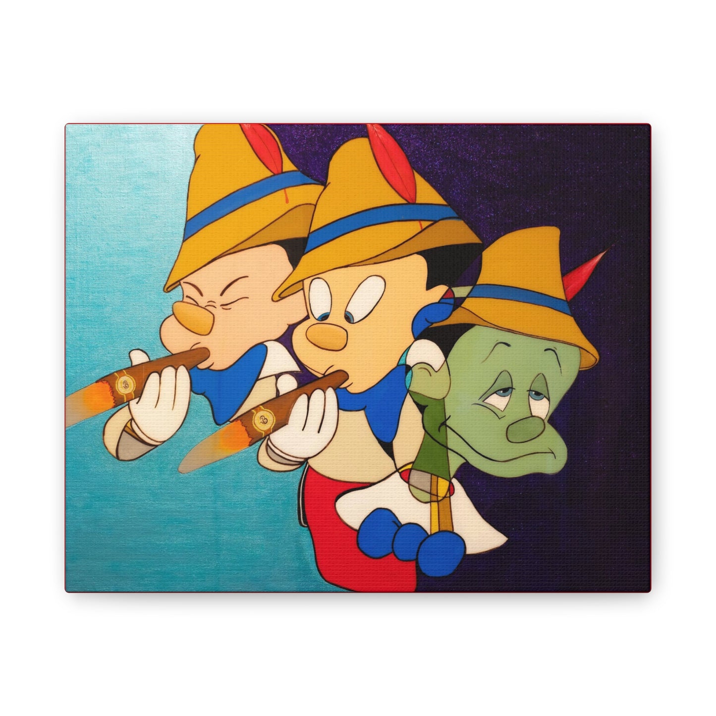 Three cartoon Pinocchio characters, two smoking cigars, are depicted on a canvas.