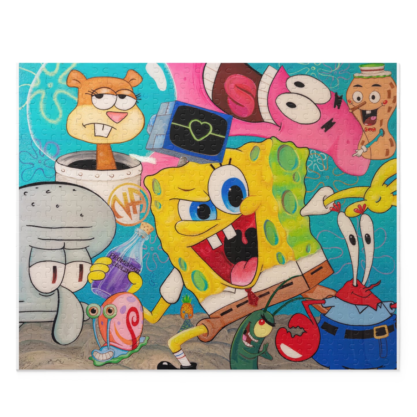 A jigsaw puzzle featuring SpongeBob SquarePants and other characters in a vibrant scene.