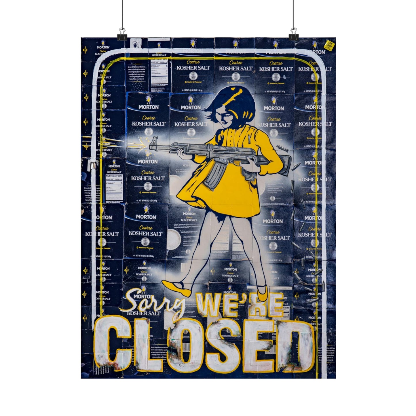 A poster features a woman in a yellow dress holding a rifle, with "Sorry, We're Closed" text.