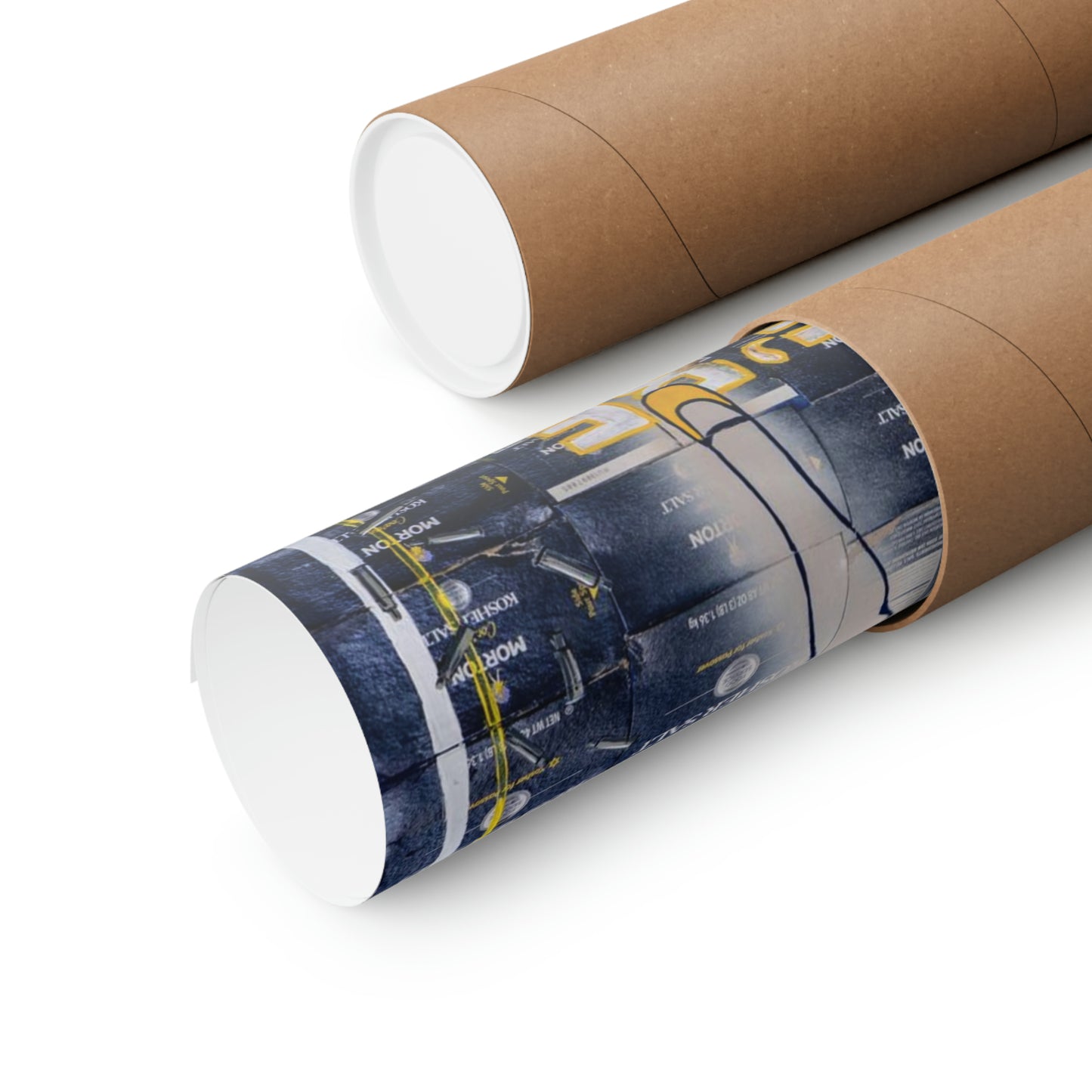 Two matte posters, one rolled and one partially unrolled, are shown on a white background.