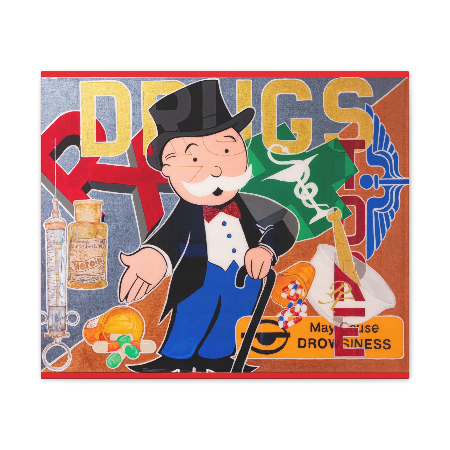 A canvas gallery wrap features a Monopoly man surrounded by drug-related imagery.