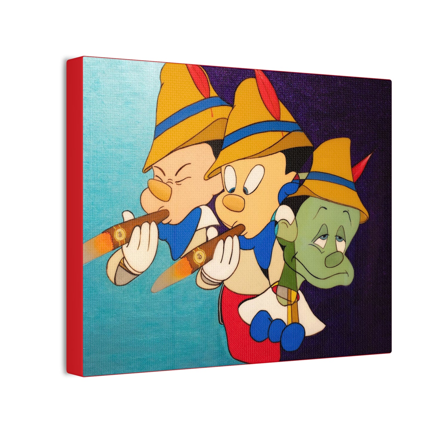 A canvas gallery wrap features three cartoon characters, two smoking cigars, on a blue and purple background.