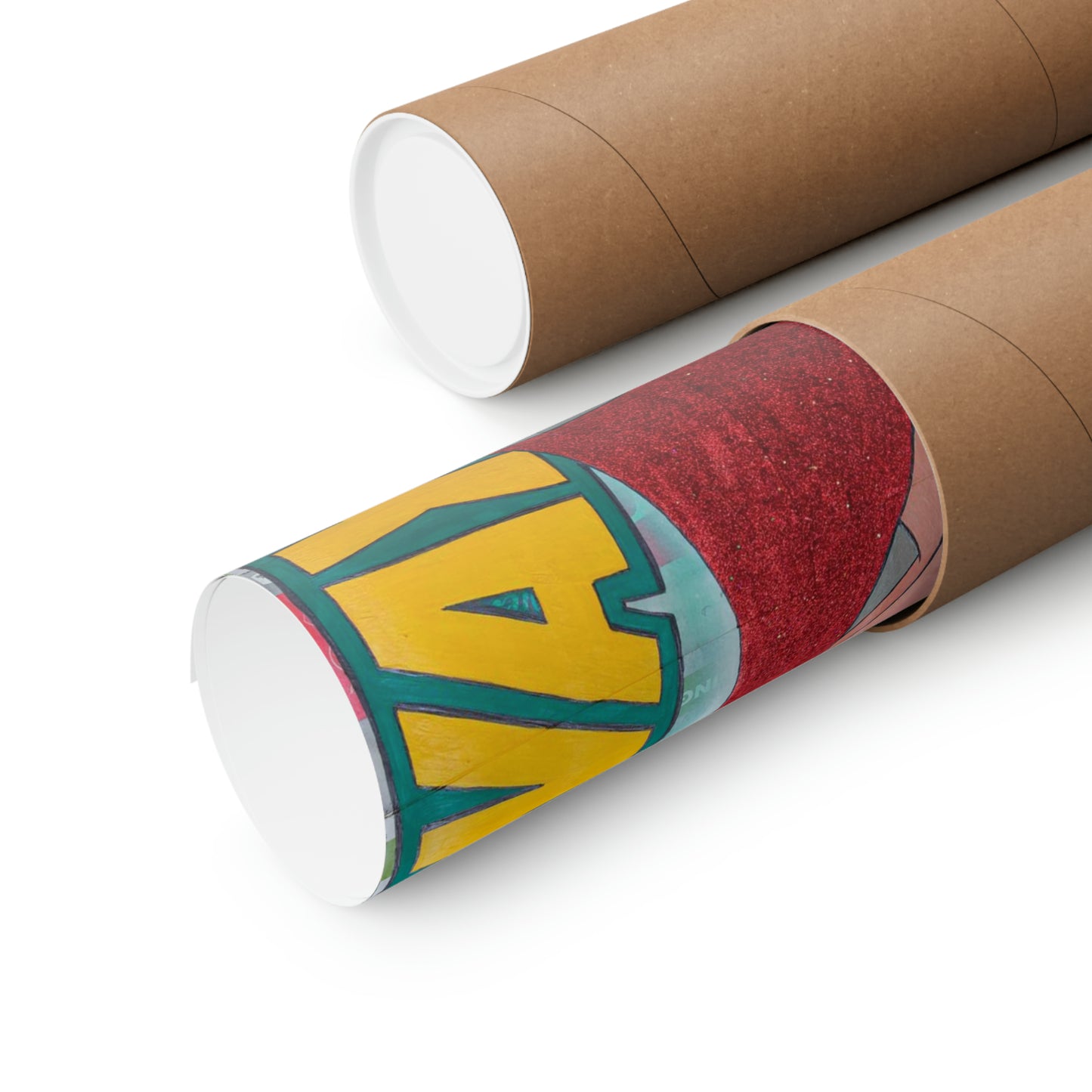 Two rolled matte posters, one partially unrolled to reveal a colorful design.