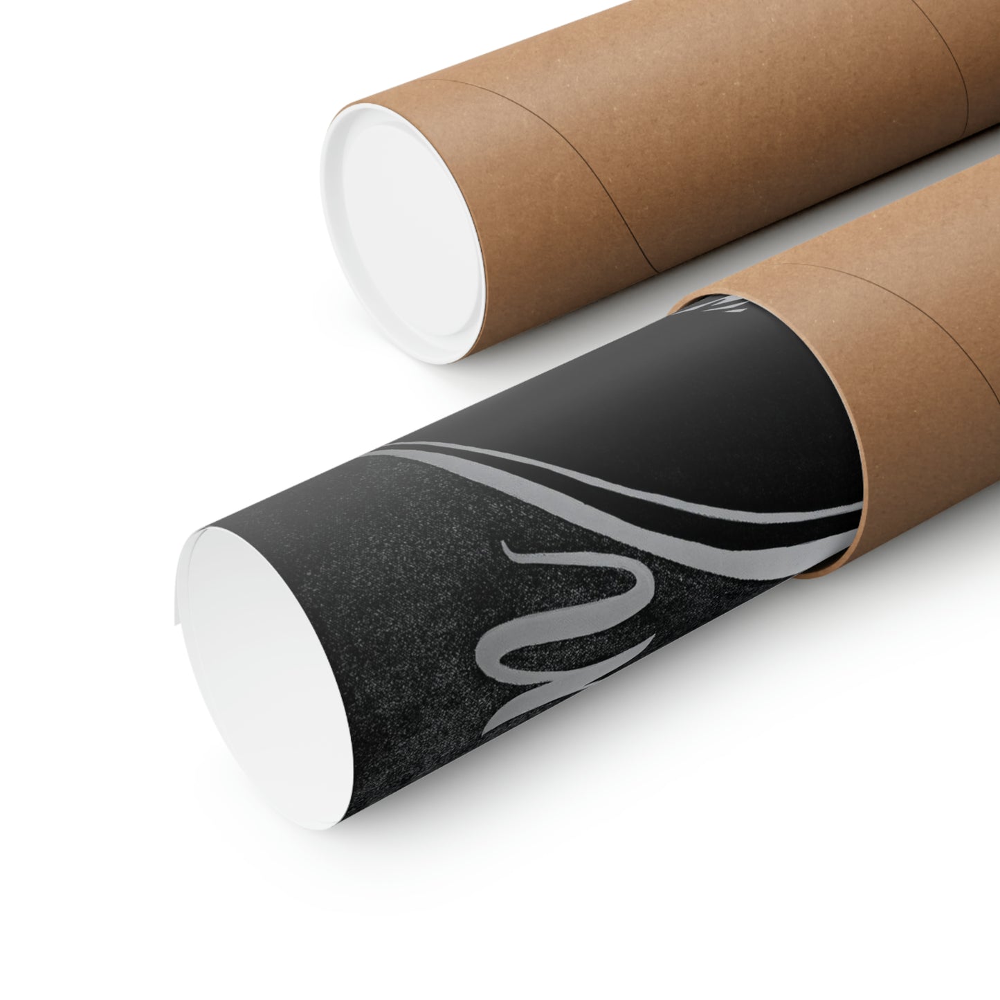 Two brown cardboard poster tubes, one open revealing a black poster with a white design.