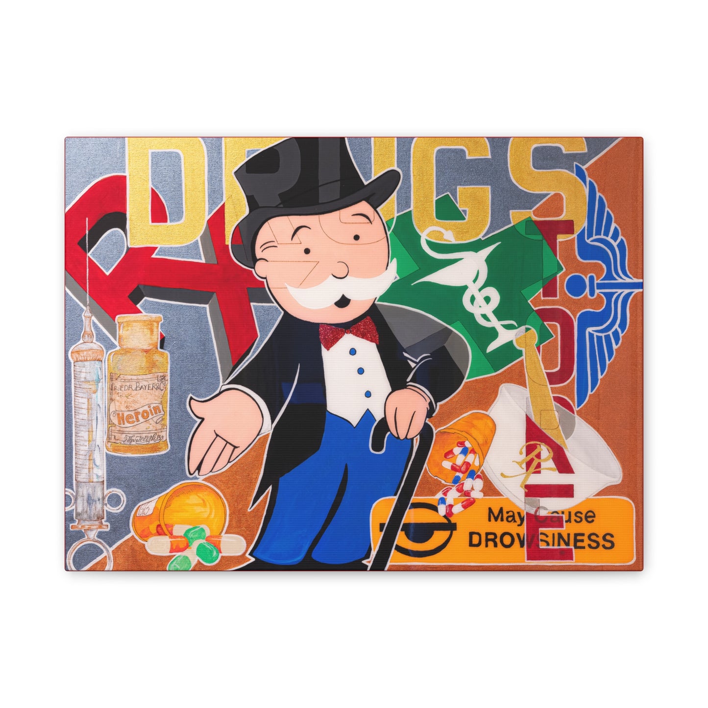 A canvas print features a Monopoly man surrounded by drug-related imagery and text.
