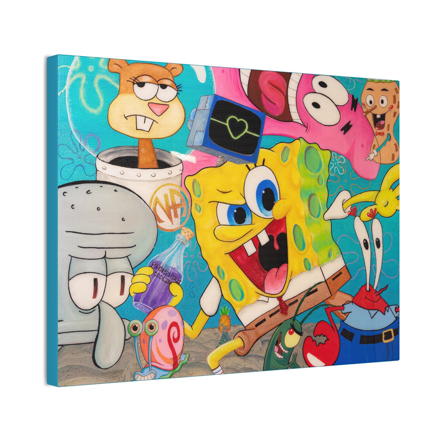 A canvas gallery wrap features a vibrant, detailed illustration of various Spongebob characters.
