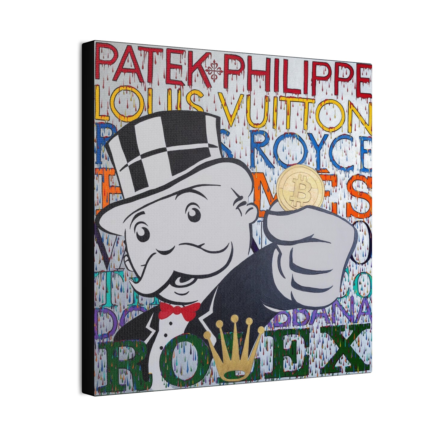 A canvas print features a Monopoly man holding a Bitcoin, with luxury brand names in the background.