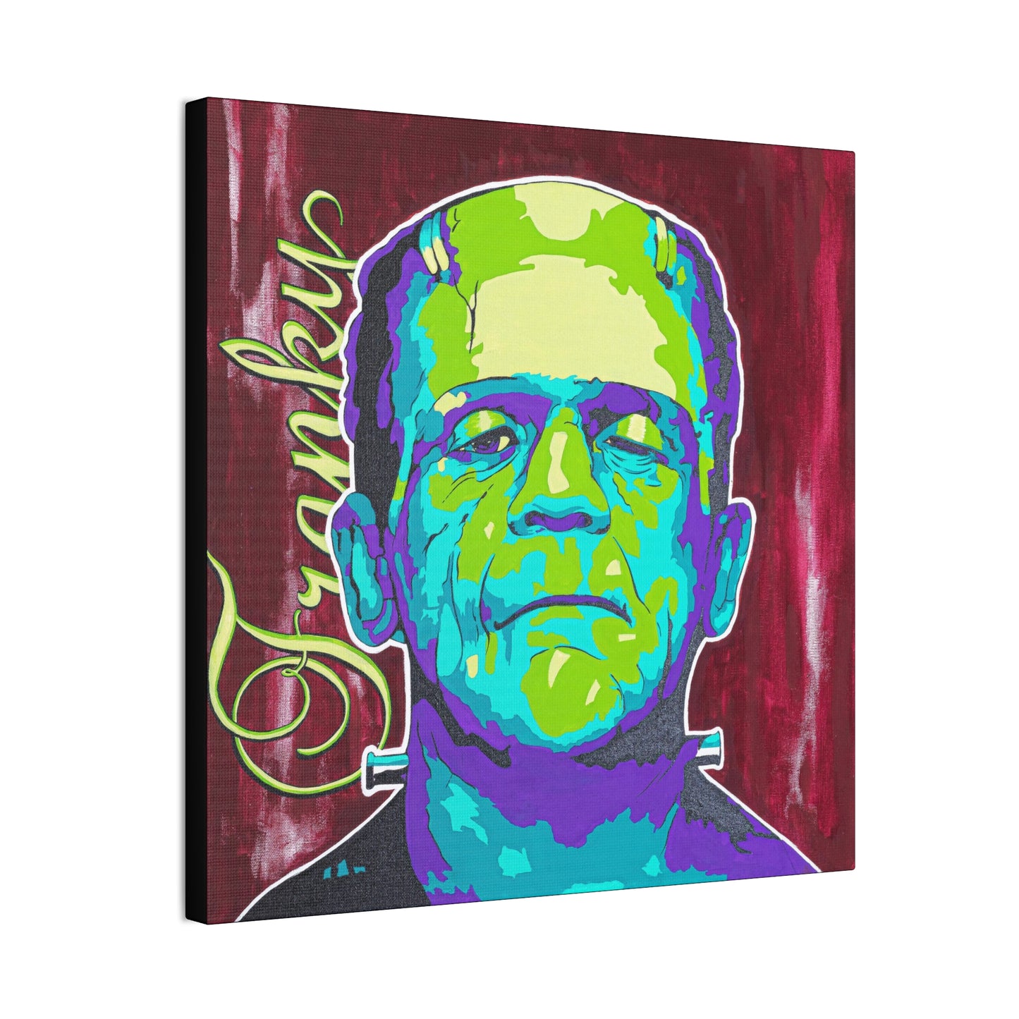 A canvas print features a colorful, pop-art style portrait of Frankenstein's monster.