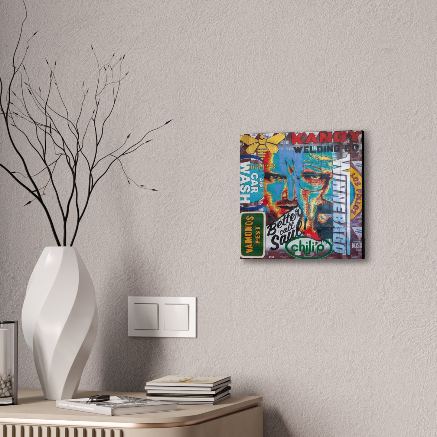 A "Breaking Bad" themed canvas gallery wrap featuring Walter White and Jesse Pinkman.