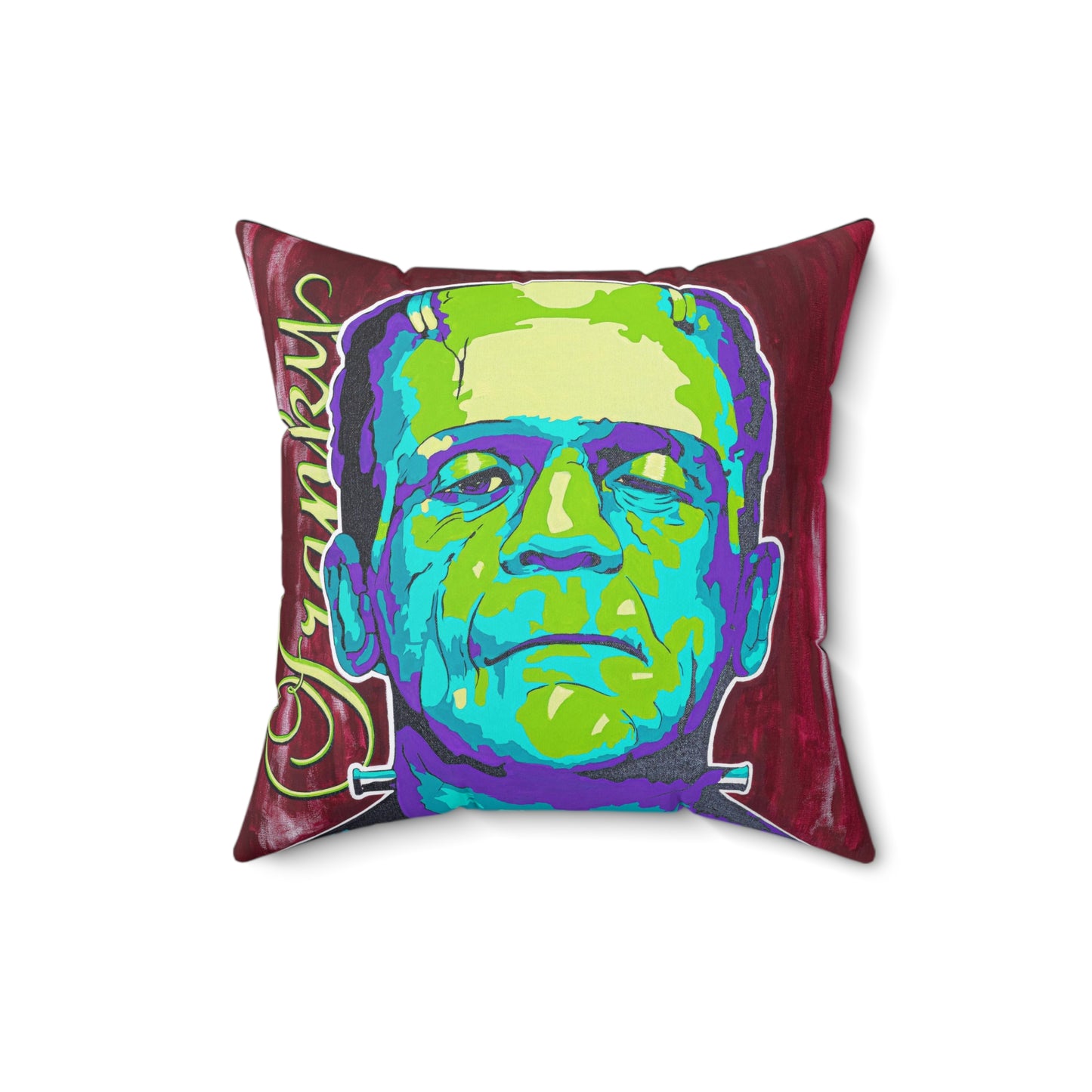 A square pillow features a pop art style illustration of Frankenstein's monster on a red background.