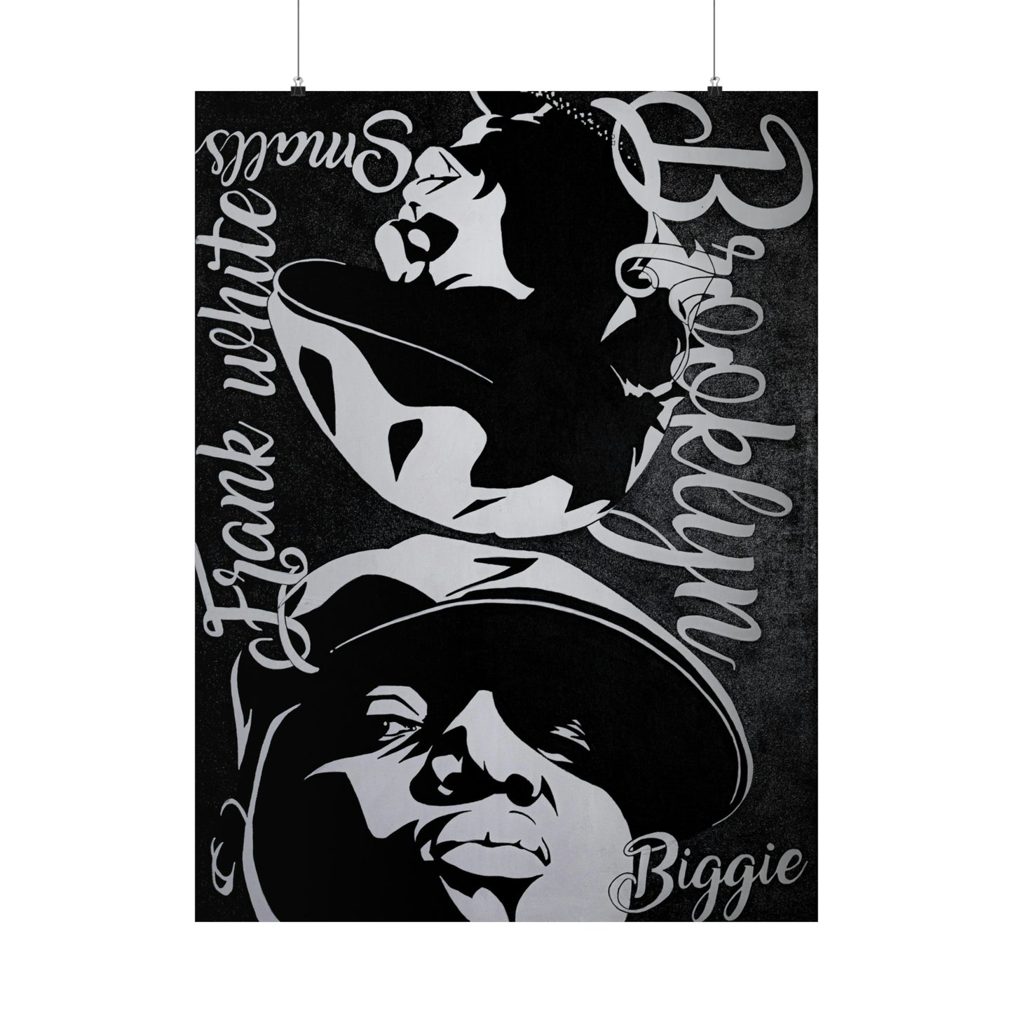 Black and white poster featuring two stylized portraits and text.
