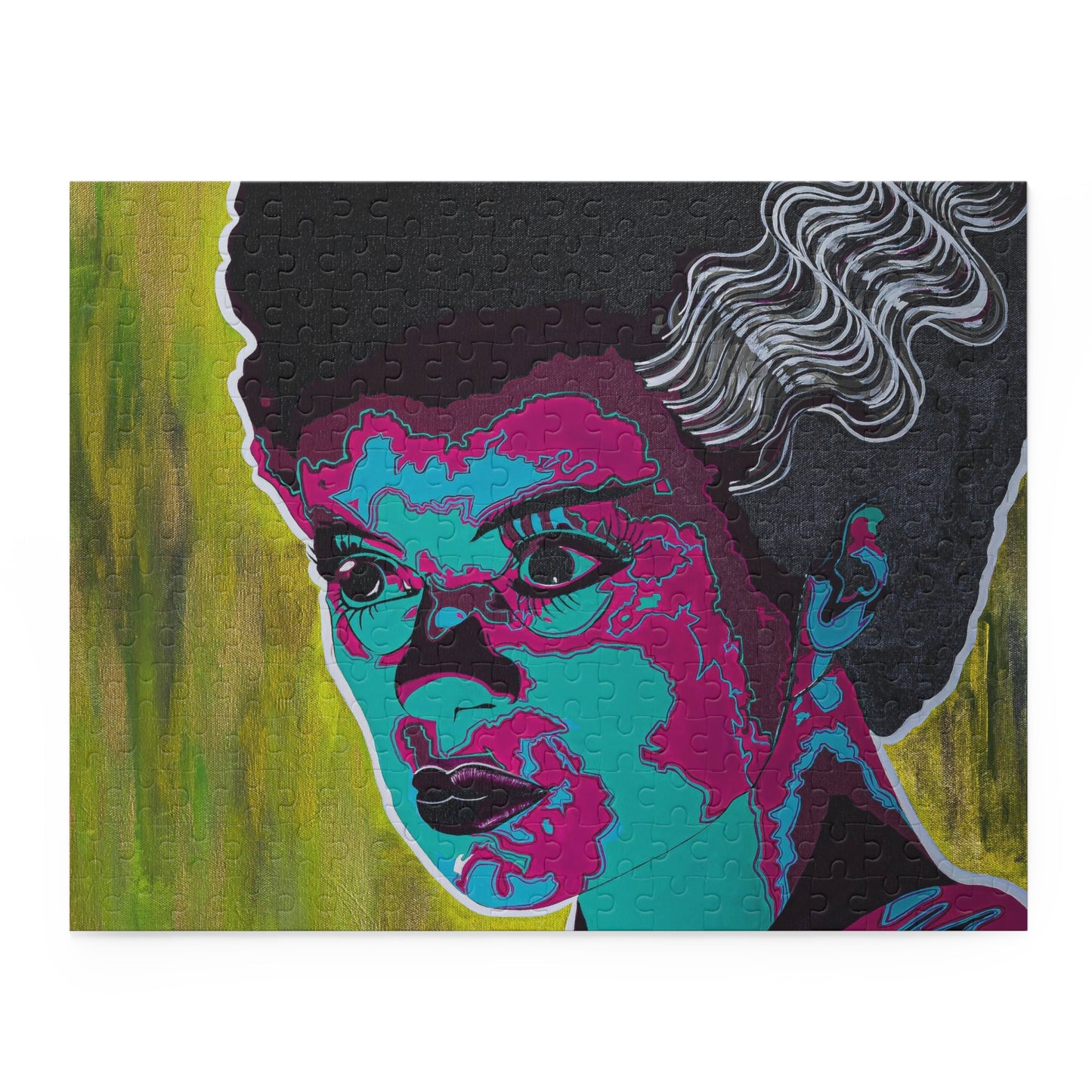 A puzzle featuring a pop art style portrait of the Bride of Frankenstein.