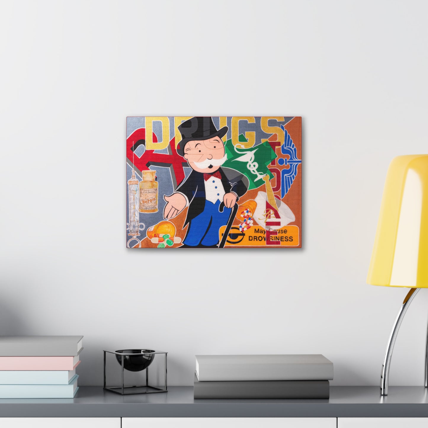 A canvas gallery wrap featuring a Monopoly man surrounded by various drugs.