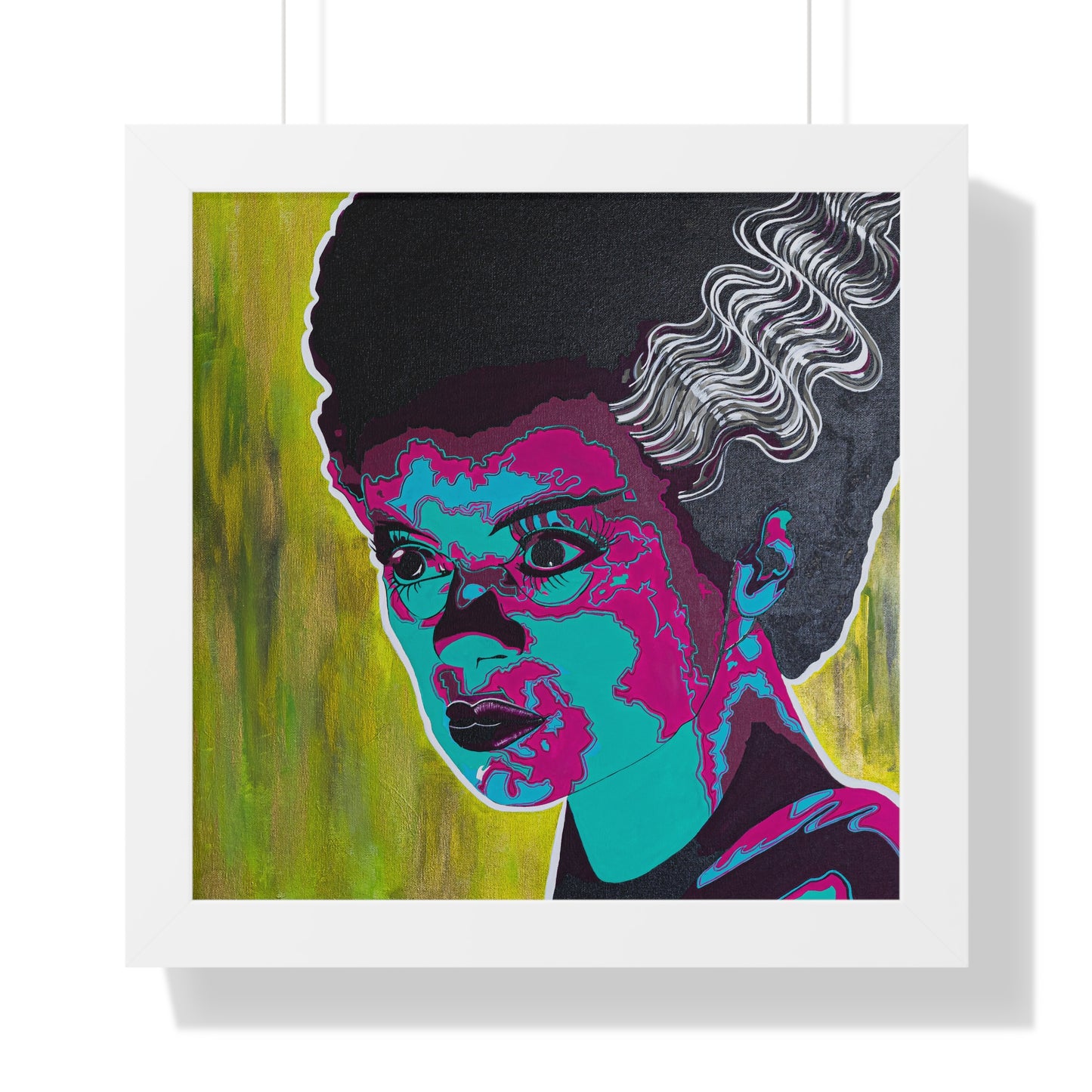 A framed poster titled "Franky's Bride" features a woman with dark hair and colorful skin.