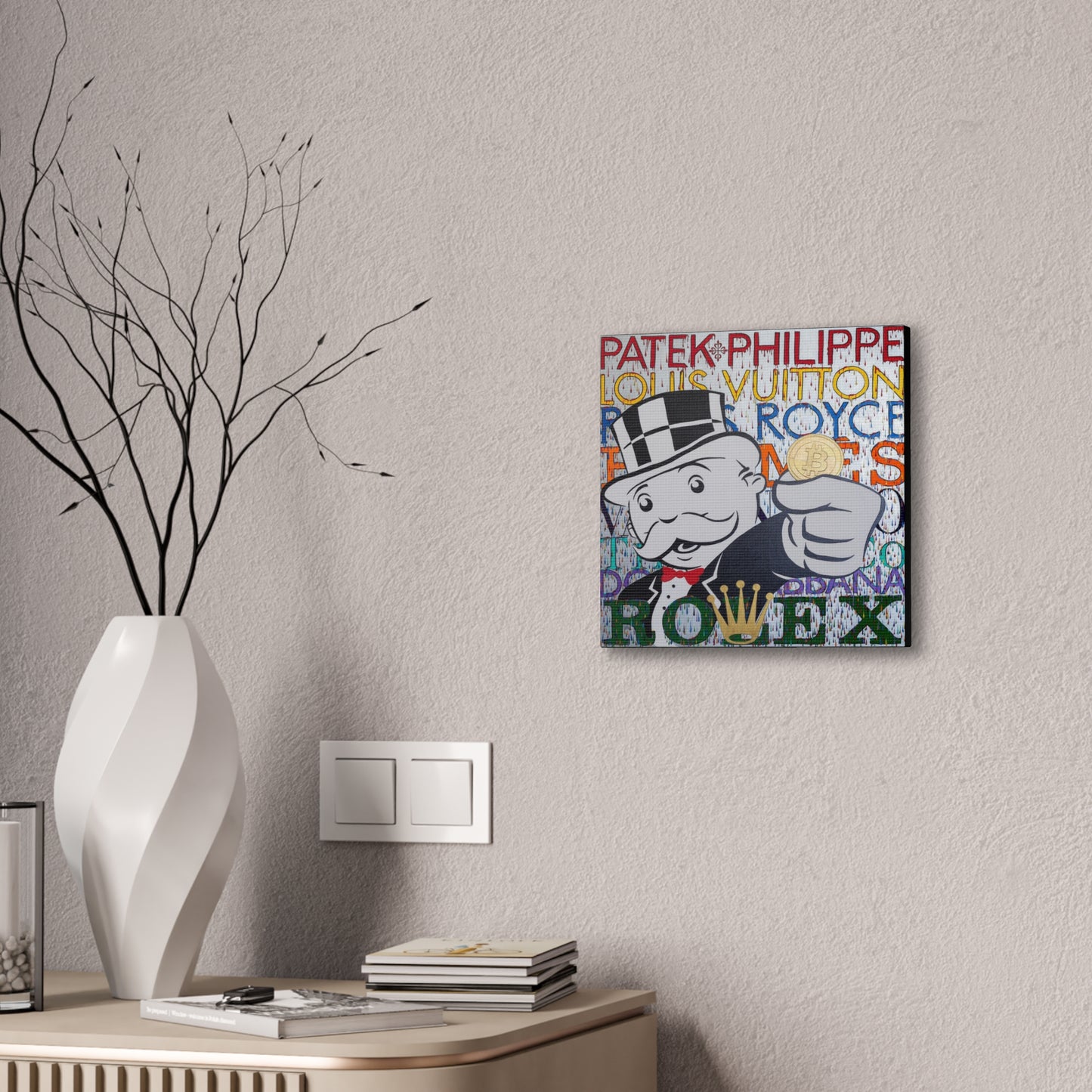 A canvas gallery wrap featuring a Monopoly man holding a Bitcoin, with luxury brand names.