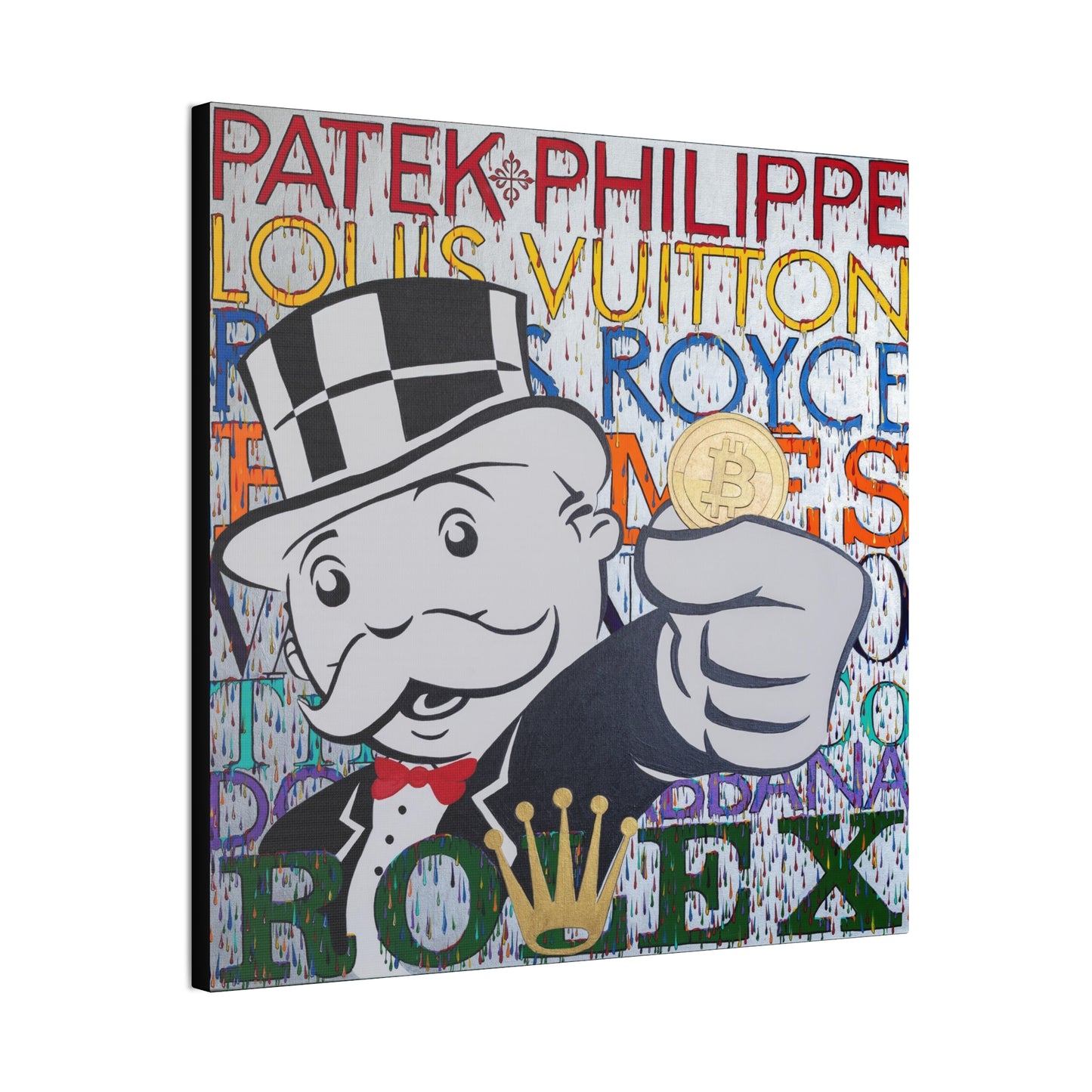 A canvas print features Mr. Monopoly holding a Bitcoin, surrounded by luxury brand names.