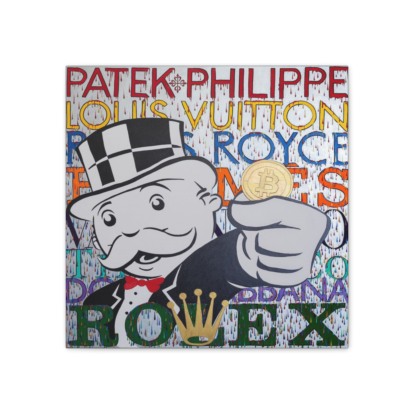 A canvas print features a Monopoly man holding a Bitcoin, surrounded by luxury brand names.