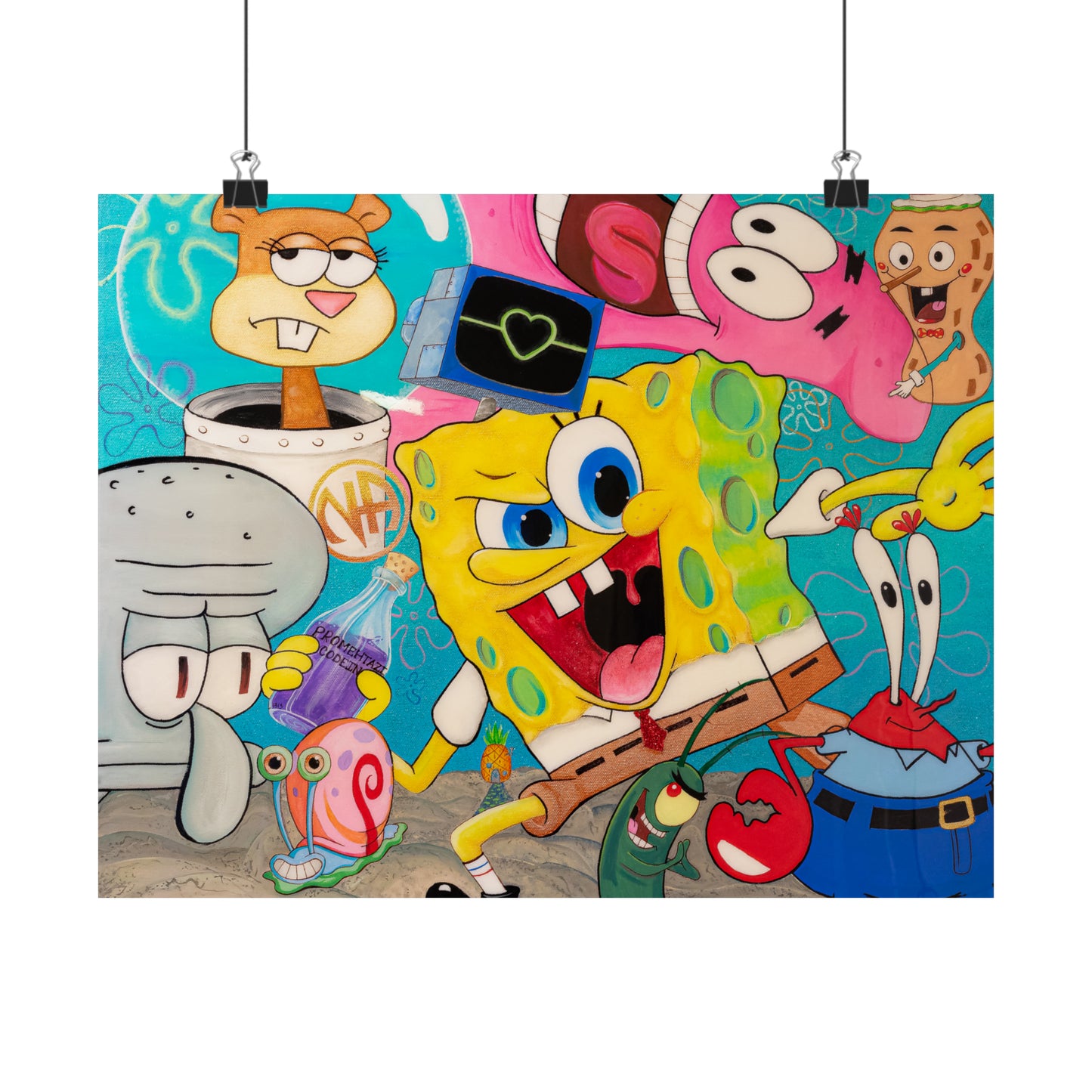 A vibrant poster depicts Spongebob characters in a surreal, party-like scene.