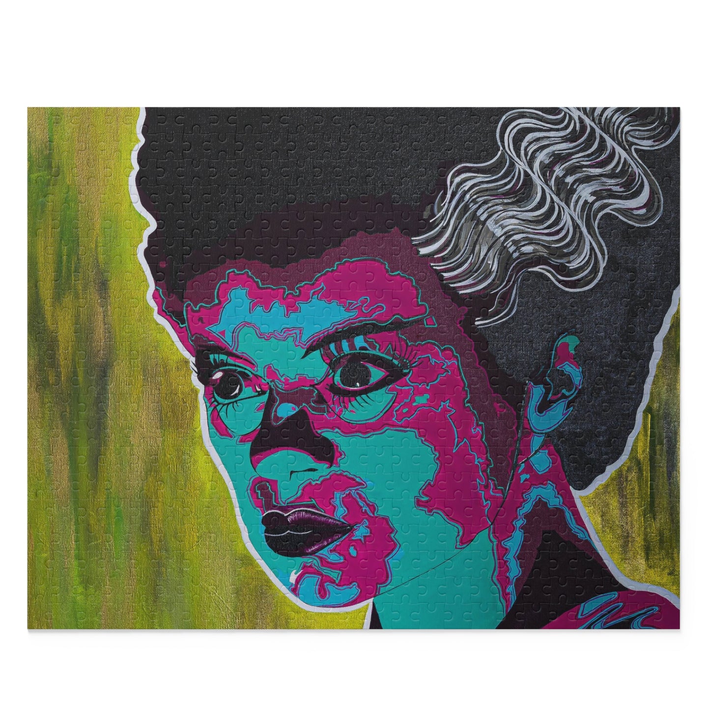 A puzzle featuring a pop art style portrait of the Bride of Frankenstein.