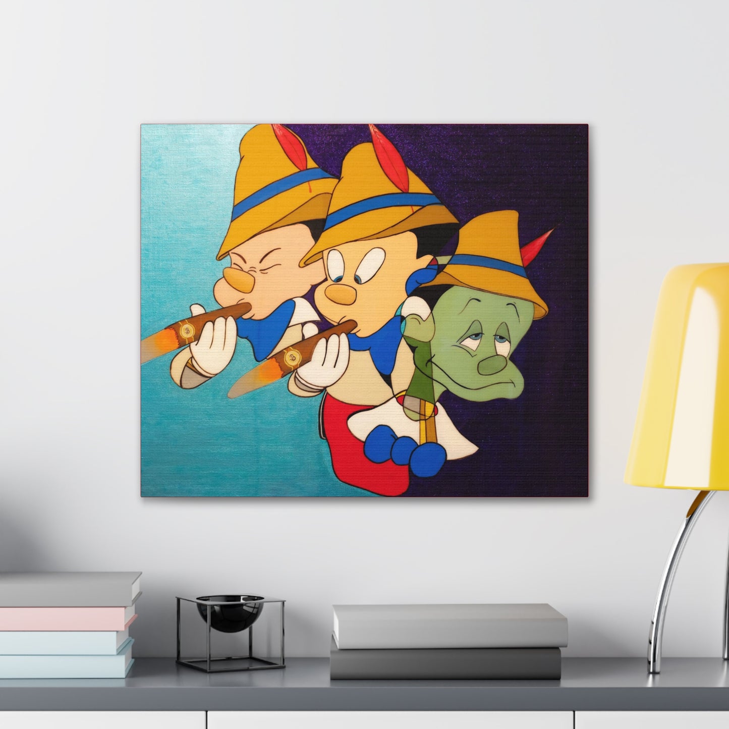 A canvas gallery wrap features three cartoon characters, two smoking cigars, and one looking sad.