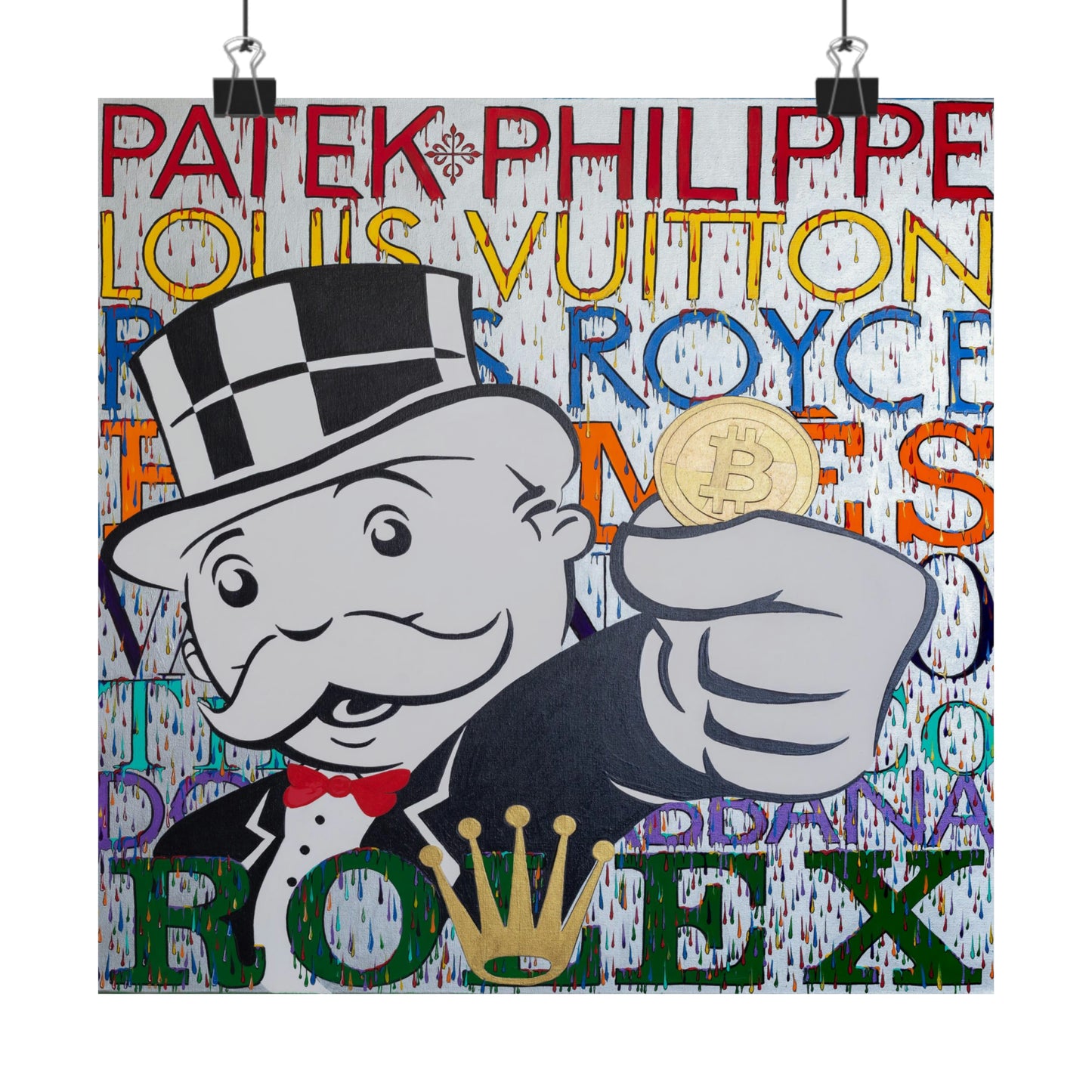 A poster features a cartoon man in a top hat holding a gold Bitcoin, surrounded by luxury brand names.