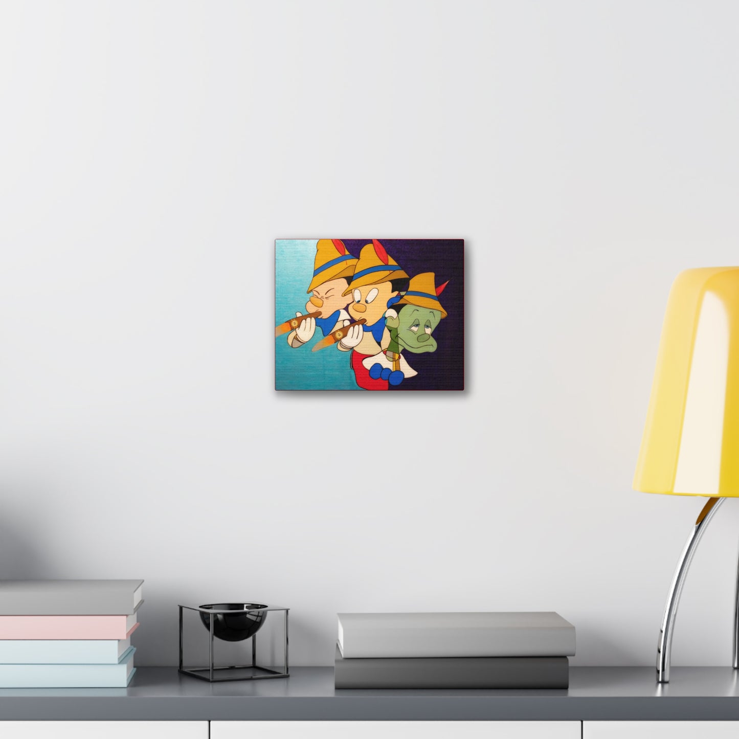 A canvas gallery wrap featuring three cartoon characters, two playing flutes, one looking sad.