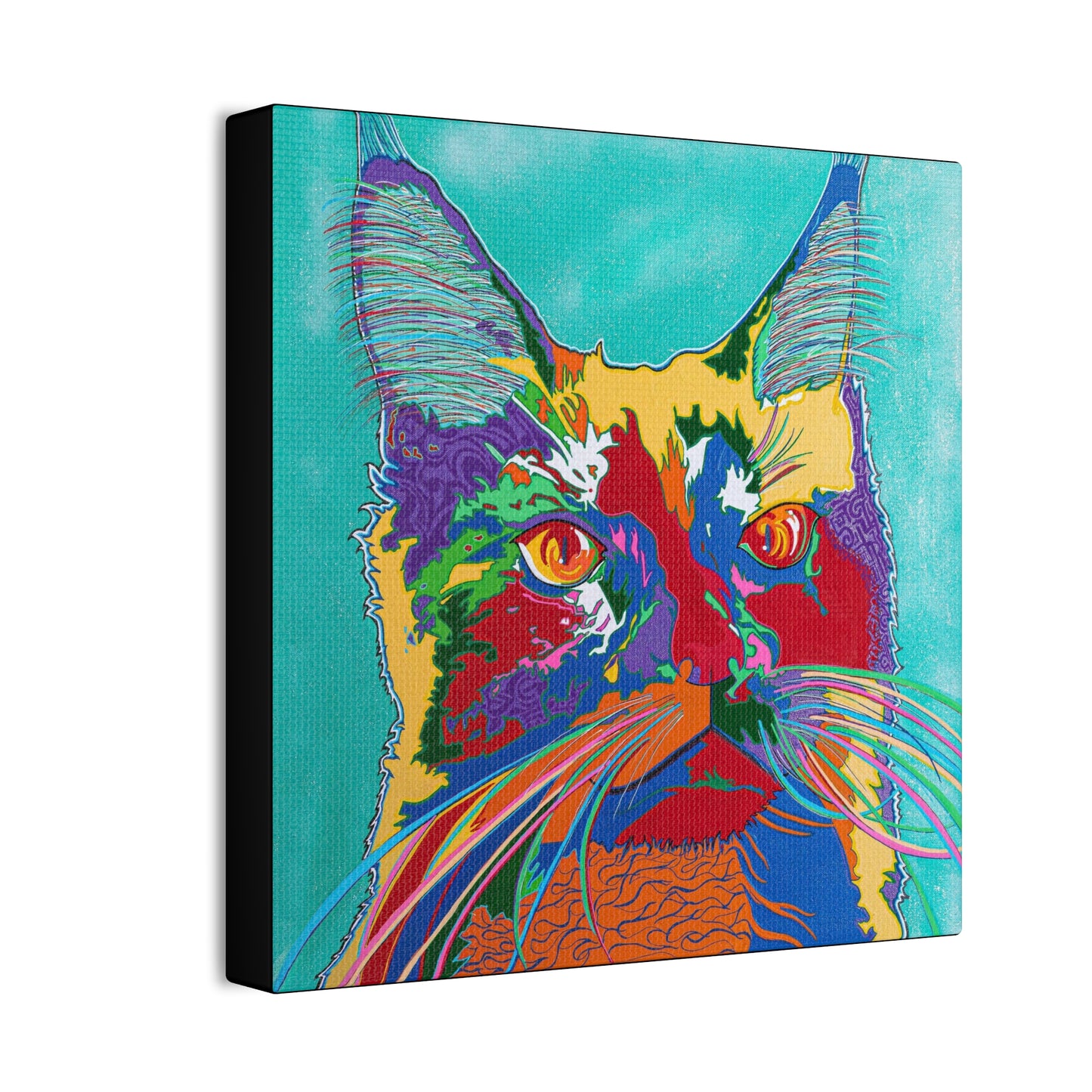 A vibrant, pop art style canvas print of a cat's face with colorful fur and orange eyes.