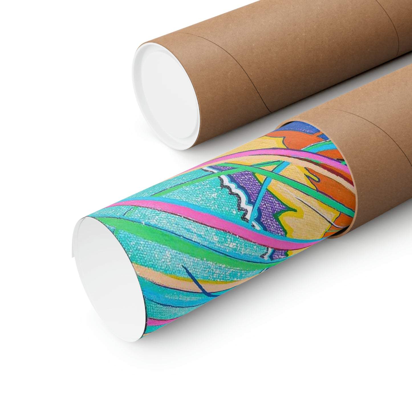 Two brown cardboard poster tubes, one with a colorful abstract poster partially unrolled.