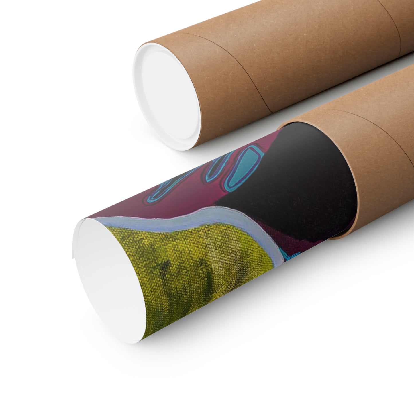 Two rolled matte posters, one partially unrolled, displaying abstract art in a shipping tube.