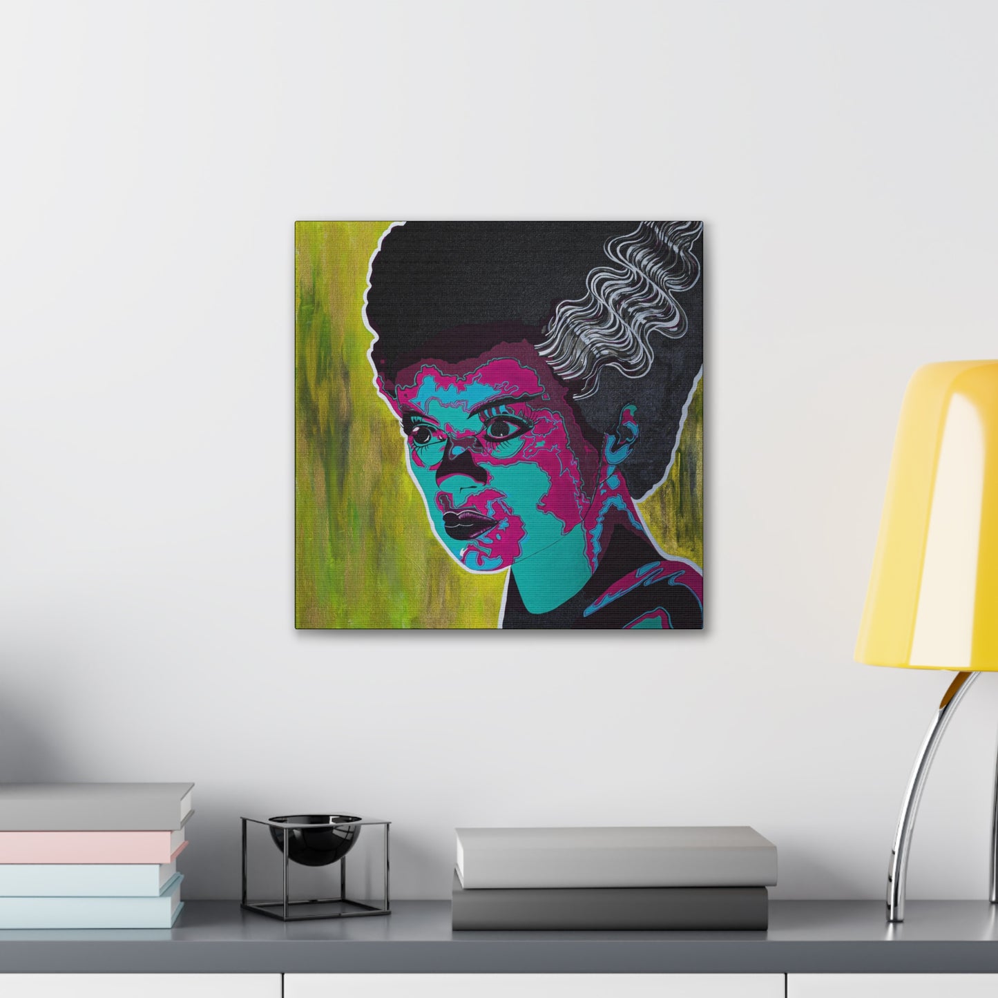 A canvas print of Franky's Bride in pop art style hangs on a white wall.