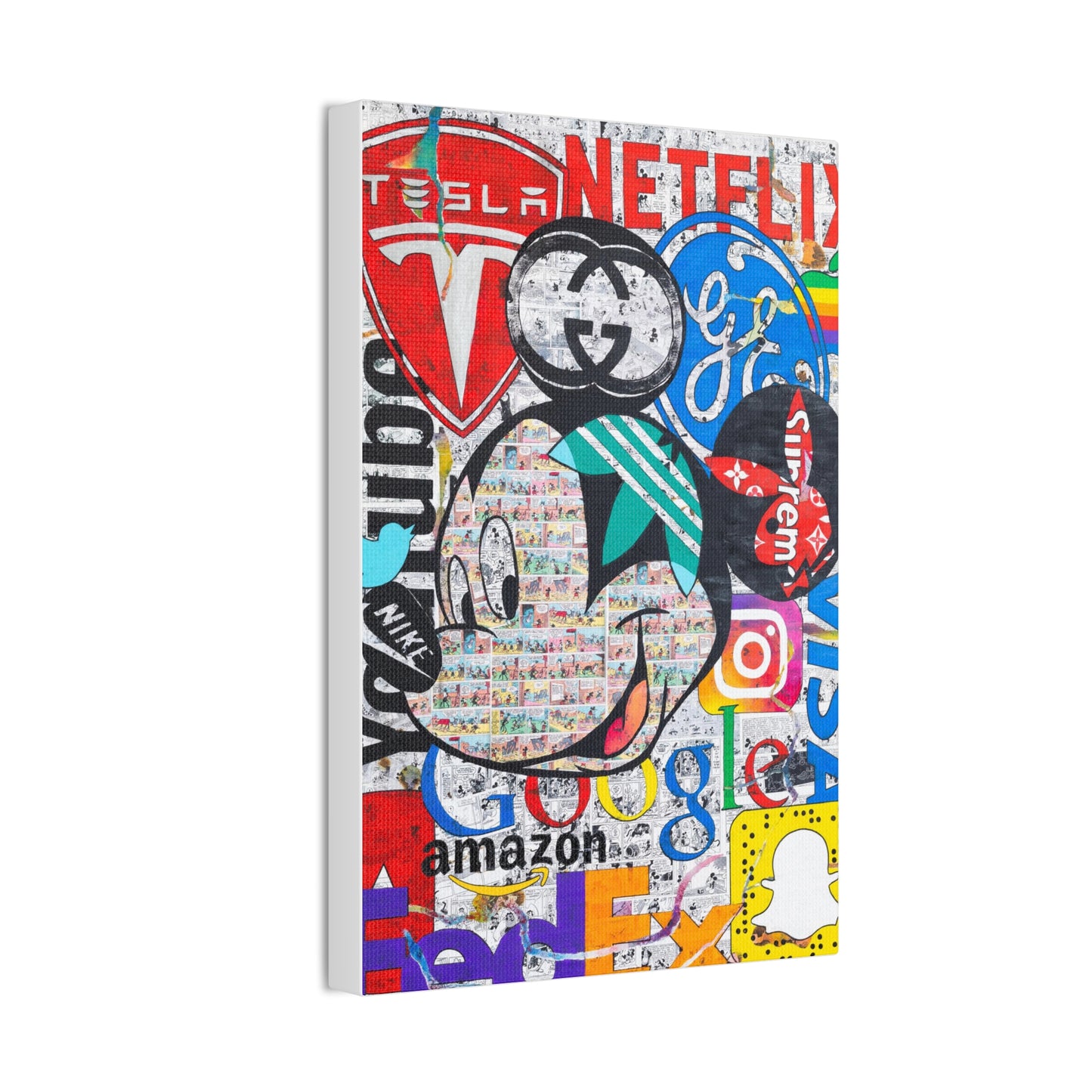A canvas gallery wrap features a collage of brand logos with a Mickey Mouse head in the center.