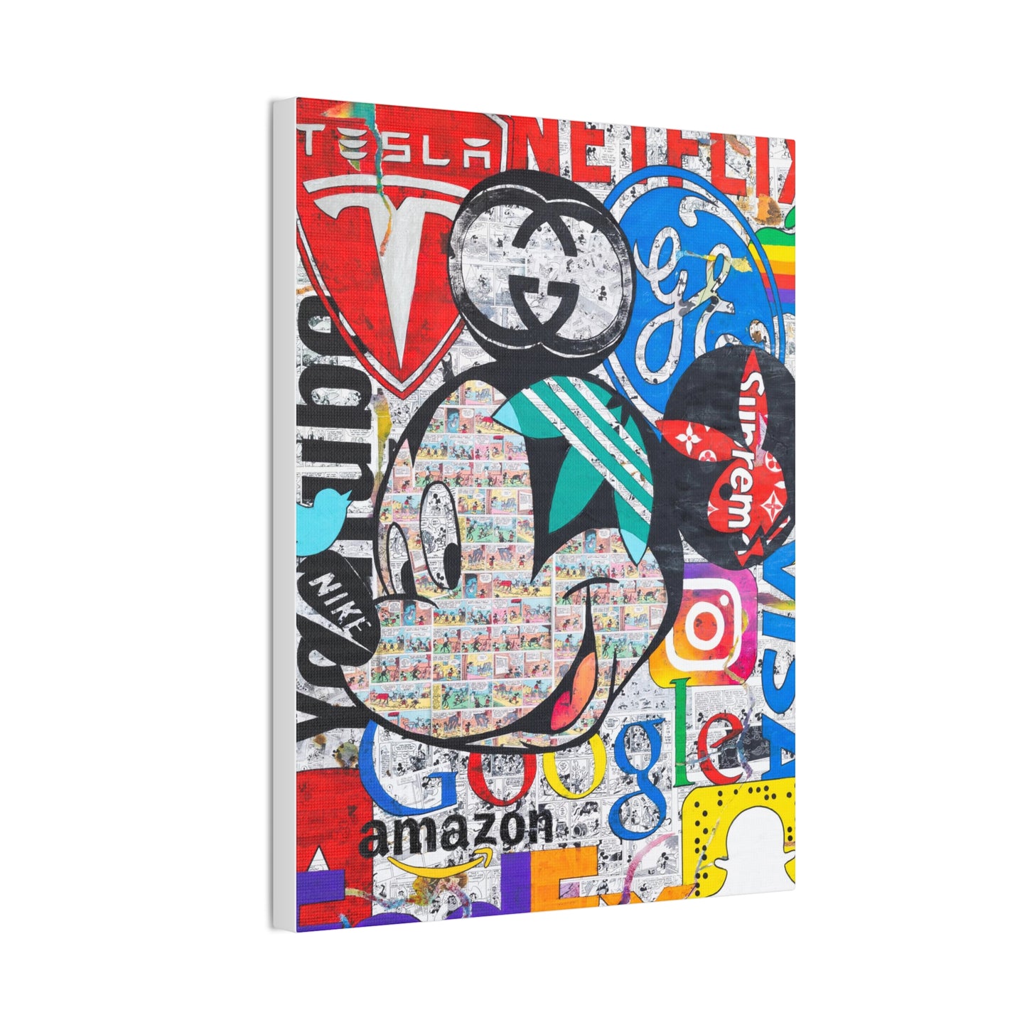 A canvas print features Mickey Mouse's face composed of comic strips, surrounded by various brand logos.