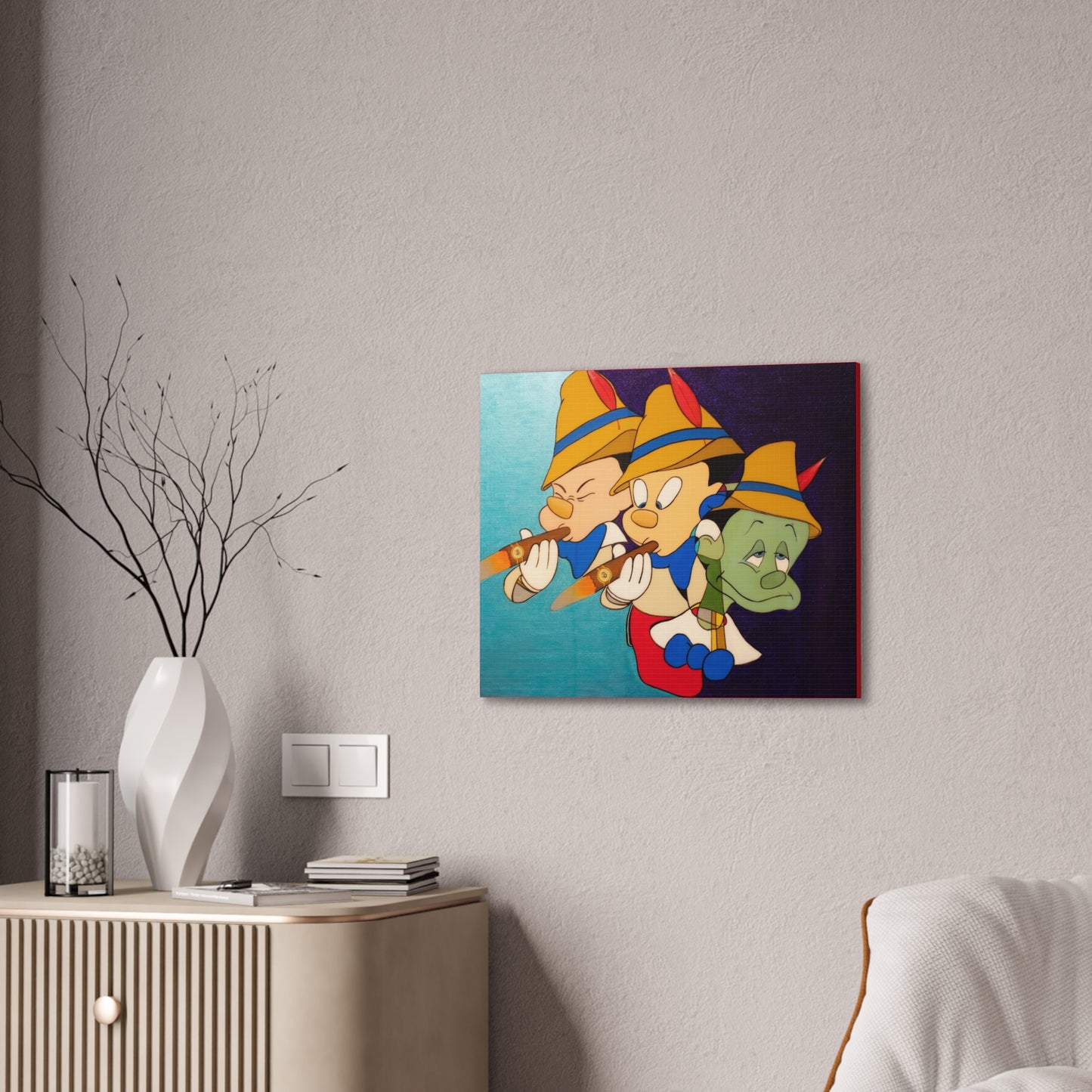Pinocchio canvas gallery wrap featuring three characters, two smoking cigars.