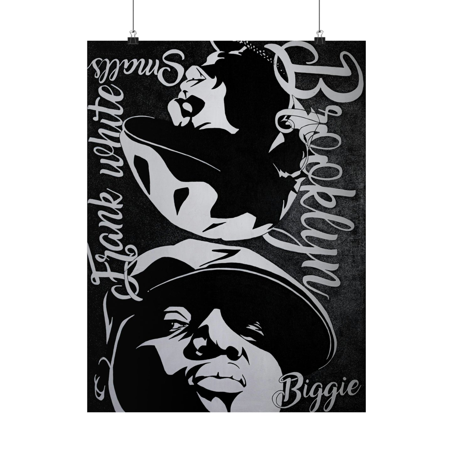 Black and white poster featuring portraits of Frank White and Biggie Smalls.