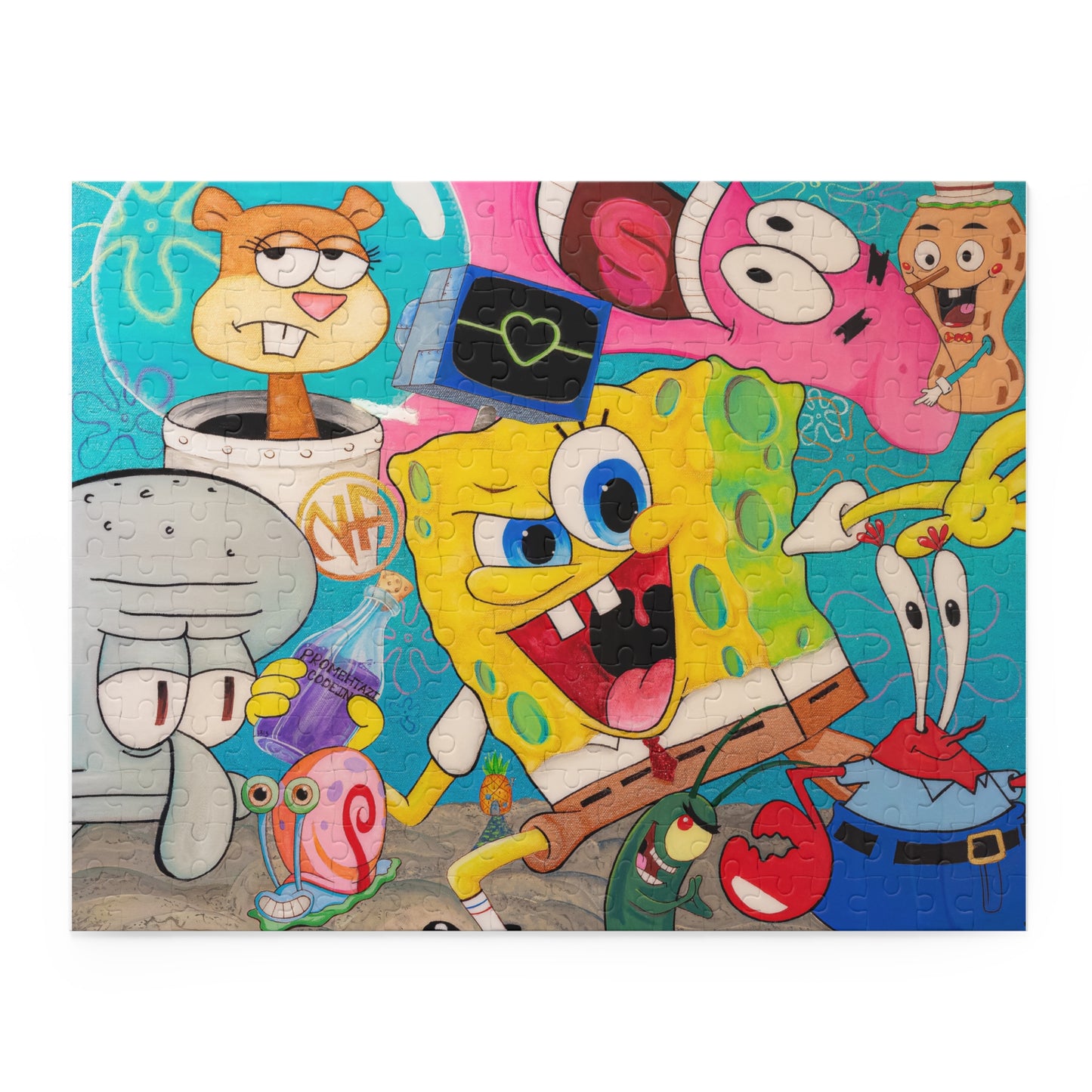 A puzzle featuring SpongeBob SquarePants and other characters in a vibrant, chaotic scene.