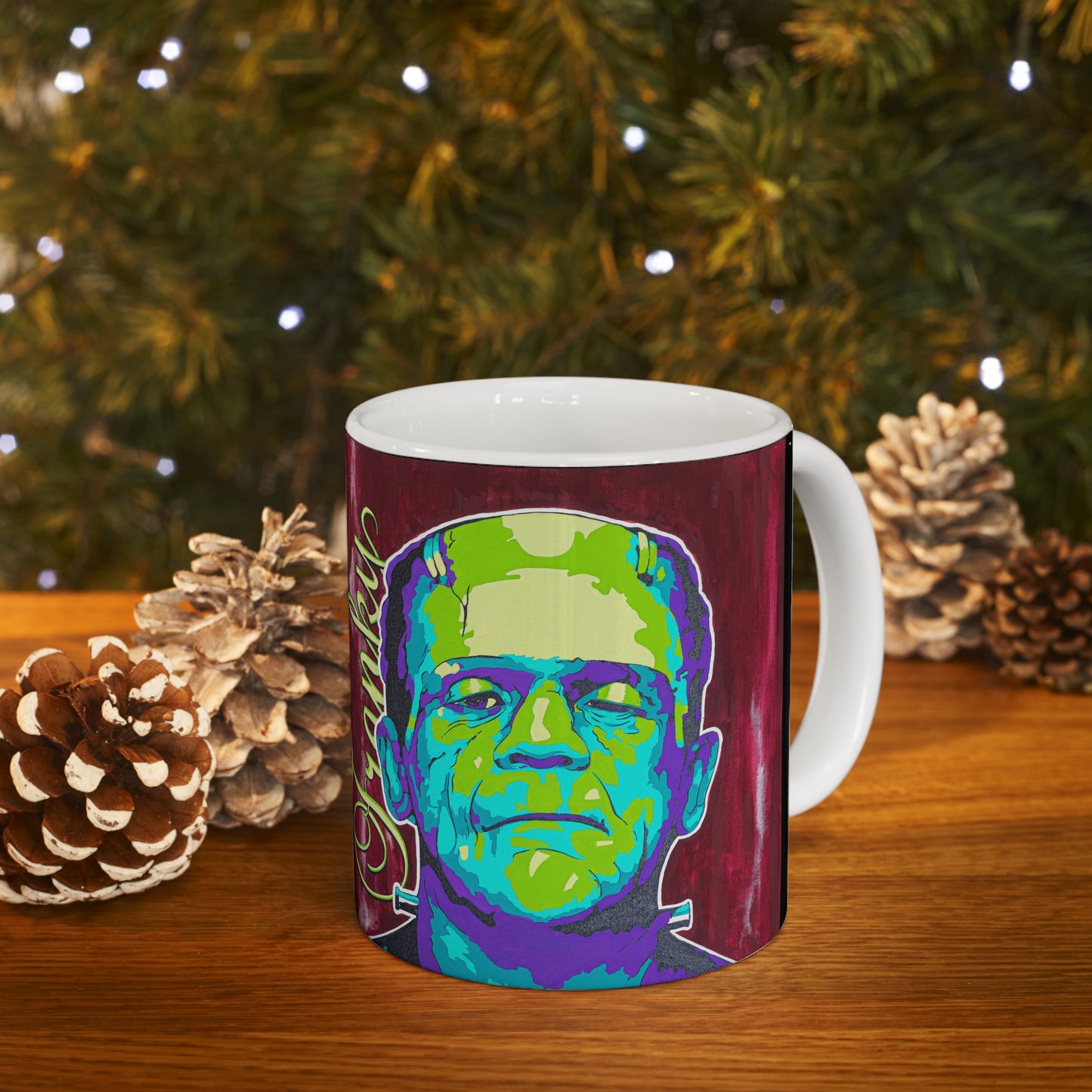 White ceramic mug with a colorful pop art illustration of Frankenstein's monster.