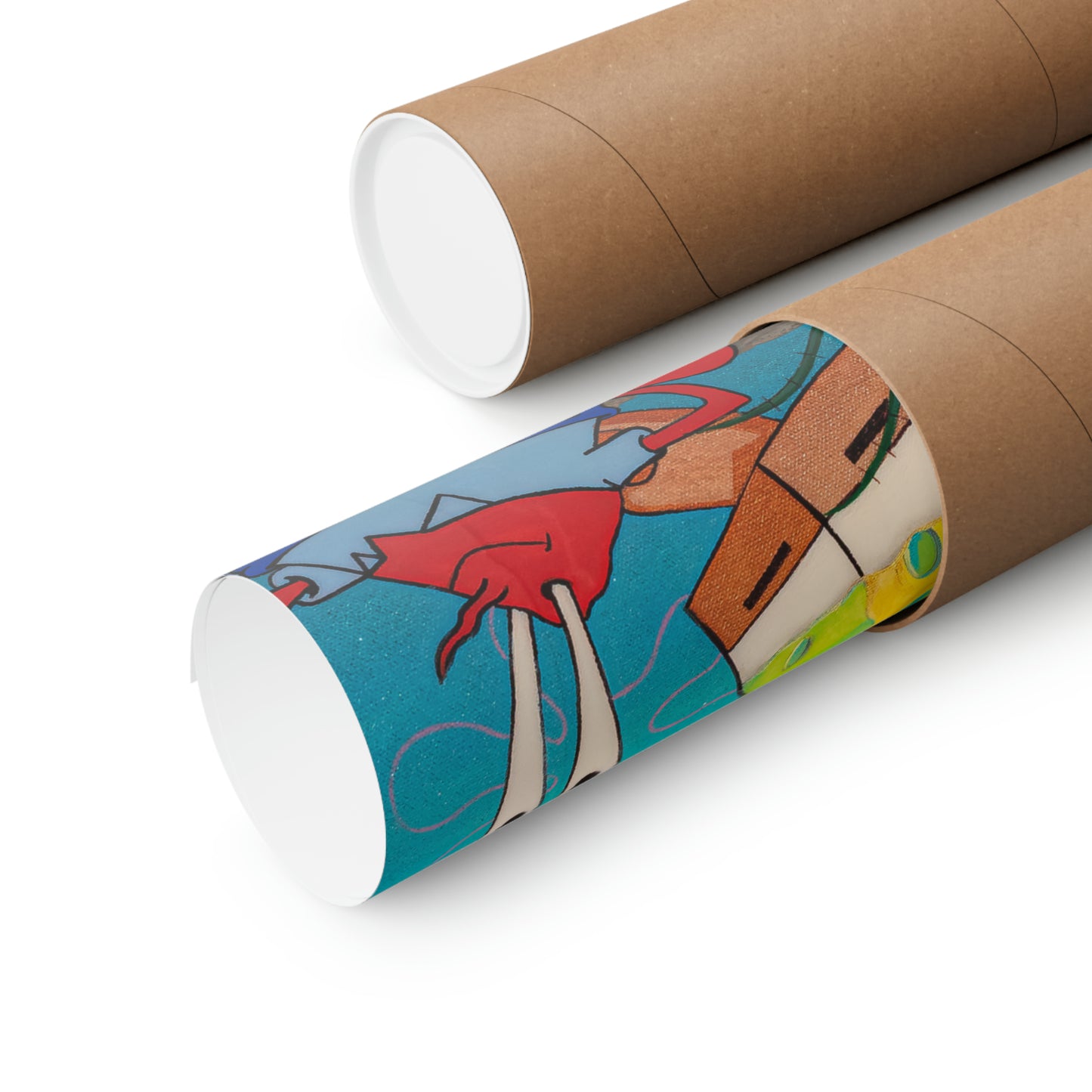 Two matte posters, one partially unrolled to reveal a colorful abstract design.