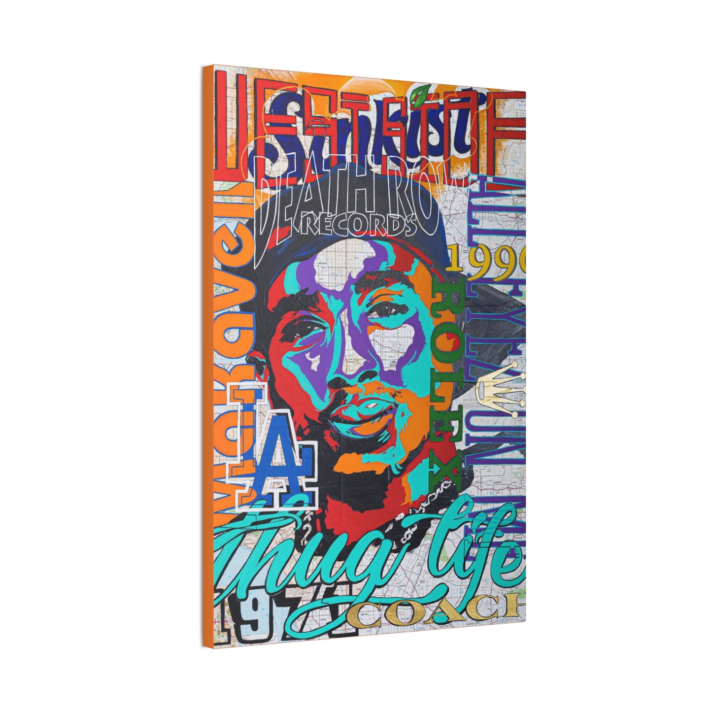 A colorful pop art canvas print of Tupac Shakur with text overlays.