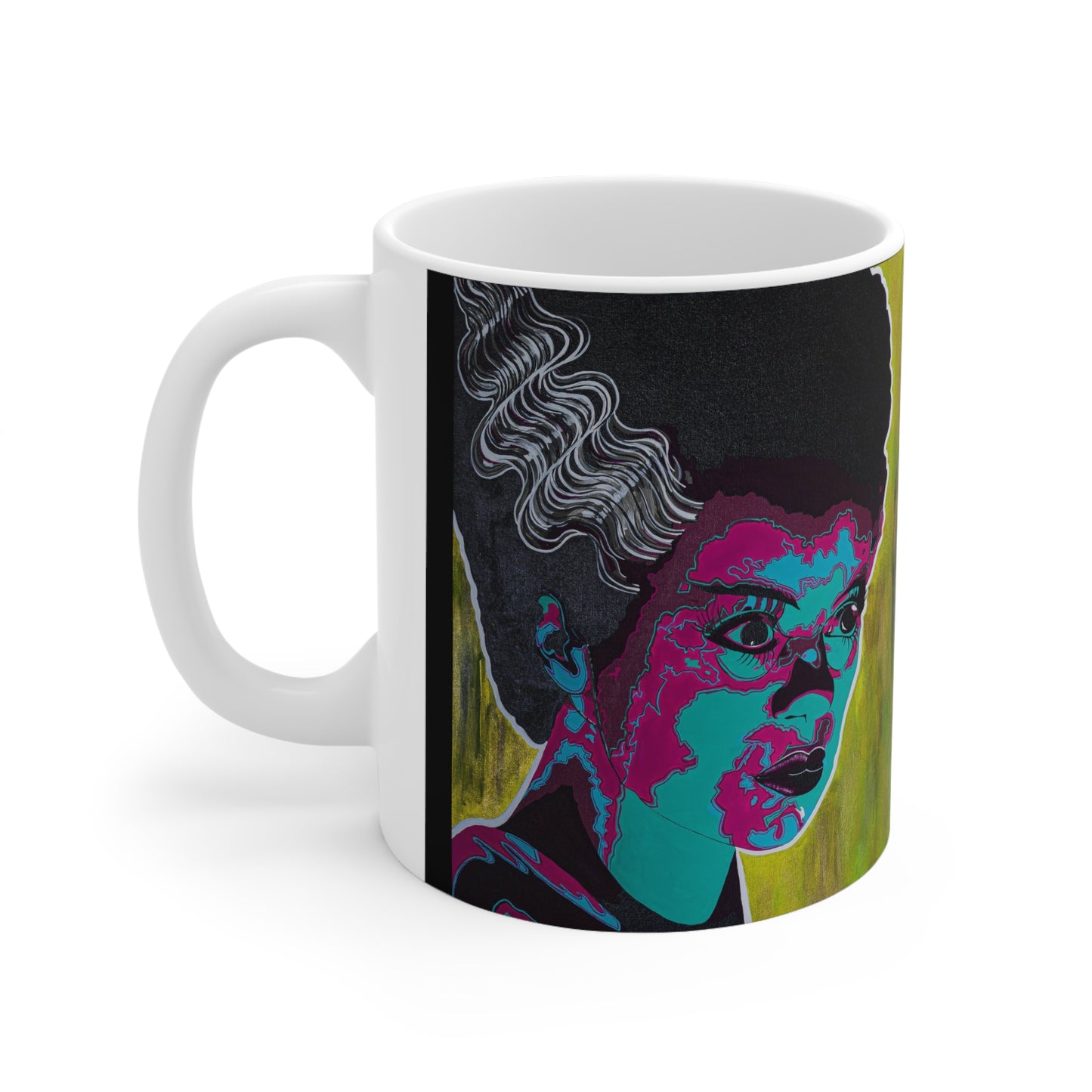 White ceramic mug featuring a pop art style illustration of a woman with dark hair.