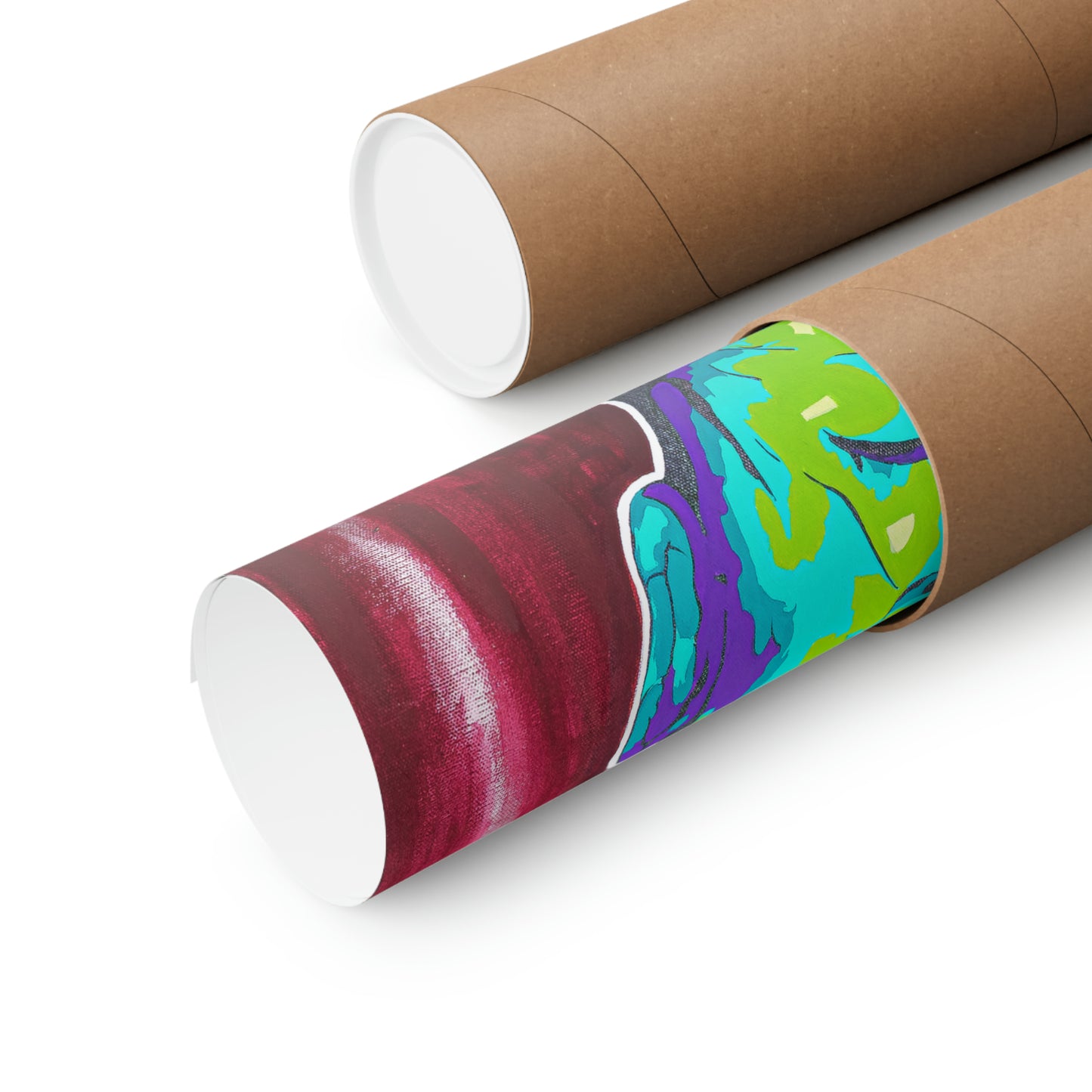 Two matte posters, one partially unrolled with abstract art, and one rolled, on a white background.