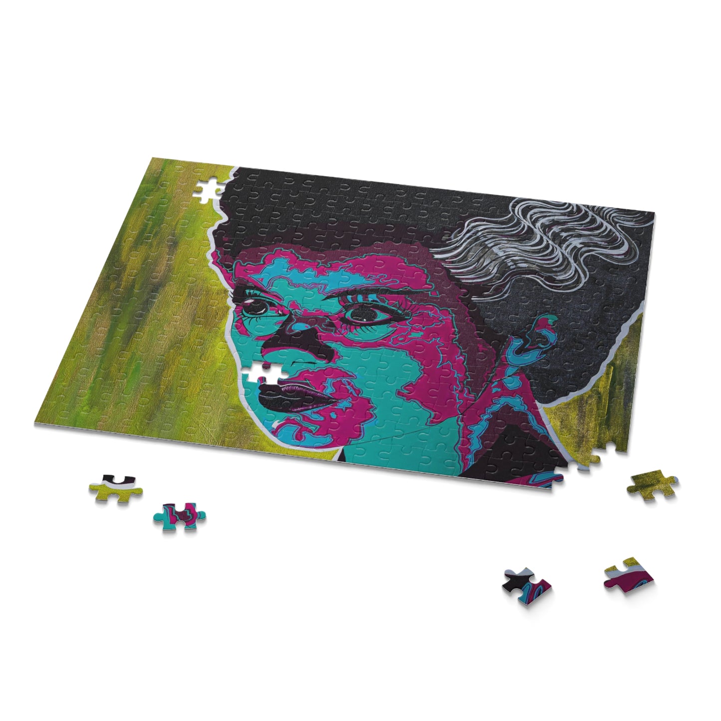 A partially assembled puzzle featuring a colorful, stylized portrait of Frankenstein's bride.
