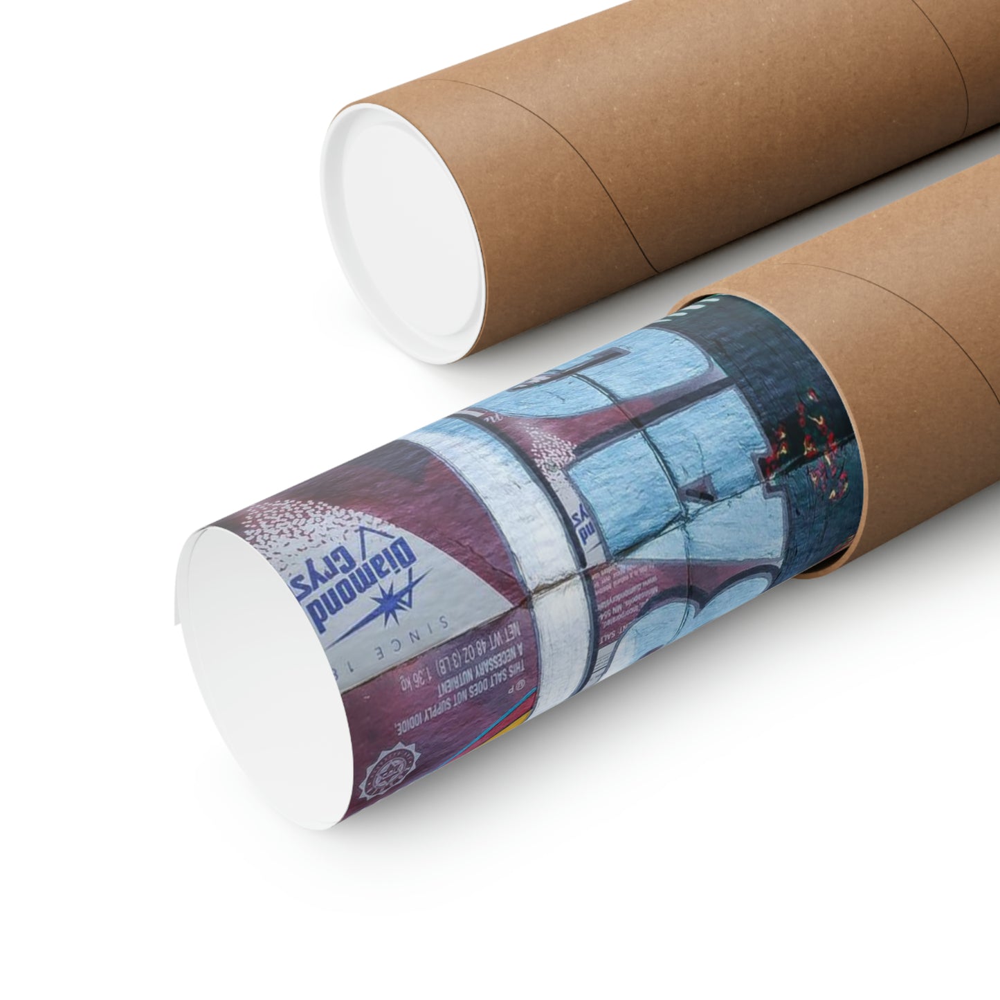 Two rolled posters, one partially unrolled, are shown in their brown cardboard tubes.