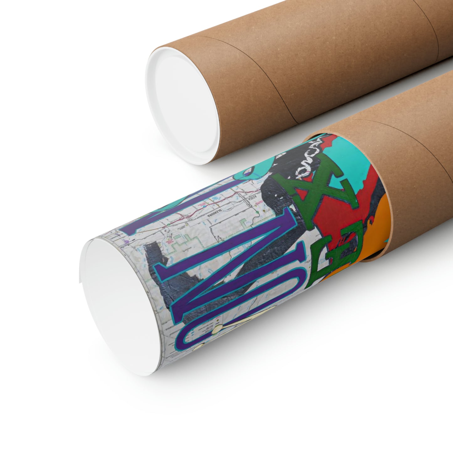 Two rolled matte posters, one with a colorful Tupac design, on a white background.