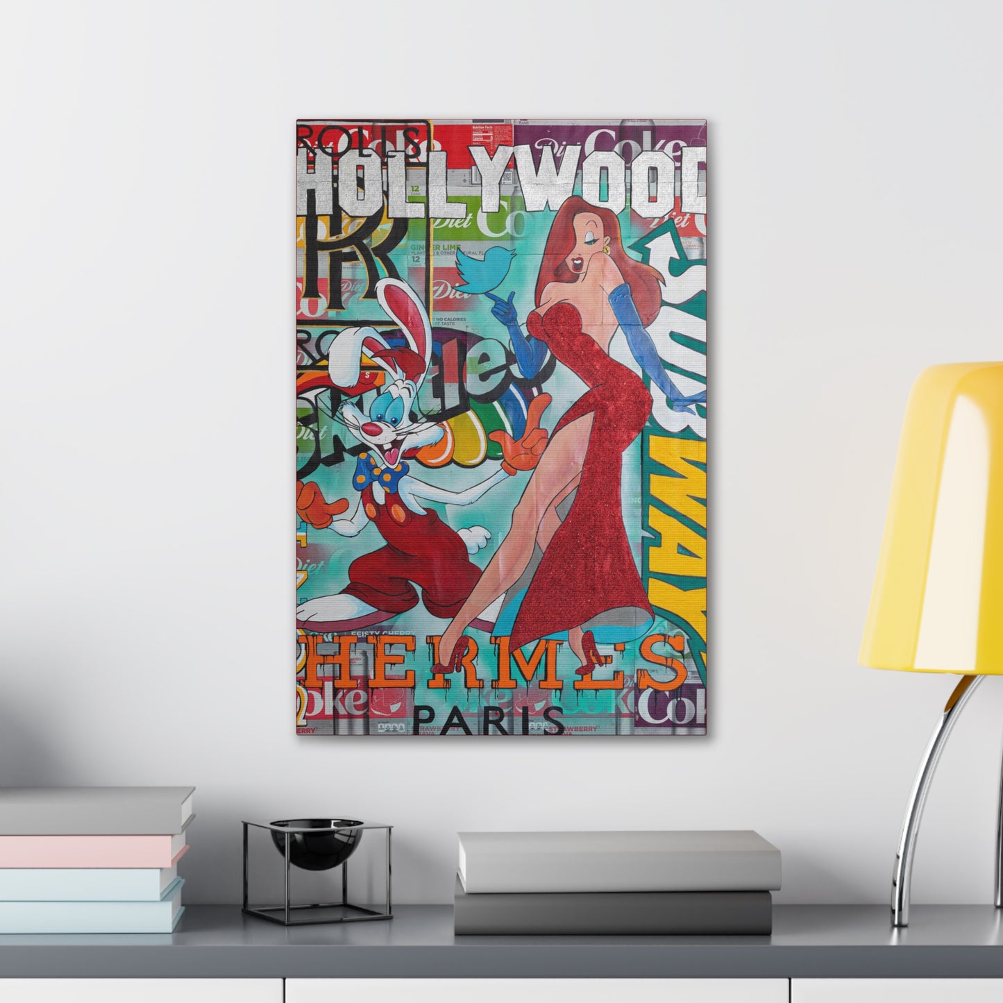 A canvas gallery wrap features Roger and Jessica Rabbit over a collage of text and logos.
